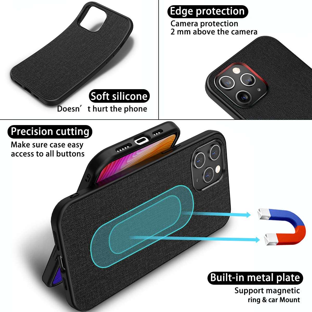 UNIOTEK Magnetic Case Compatible with iPhone 11 Pro Max,[Invisible Metal Plate Support Magnetic Car Mount][Soft Silicone Bumper&Fabric Texture Back] Shockproof Ultra Slim Protective Cover-Black 3