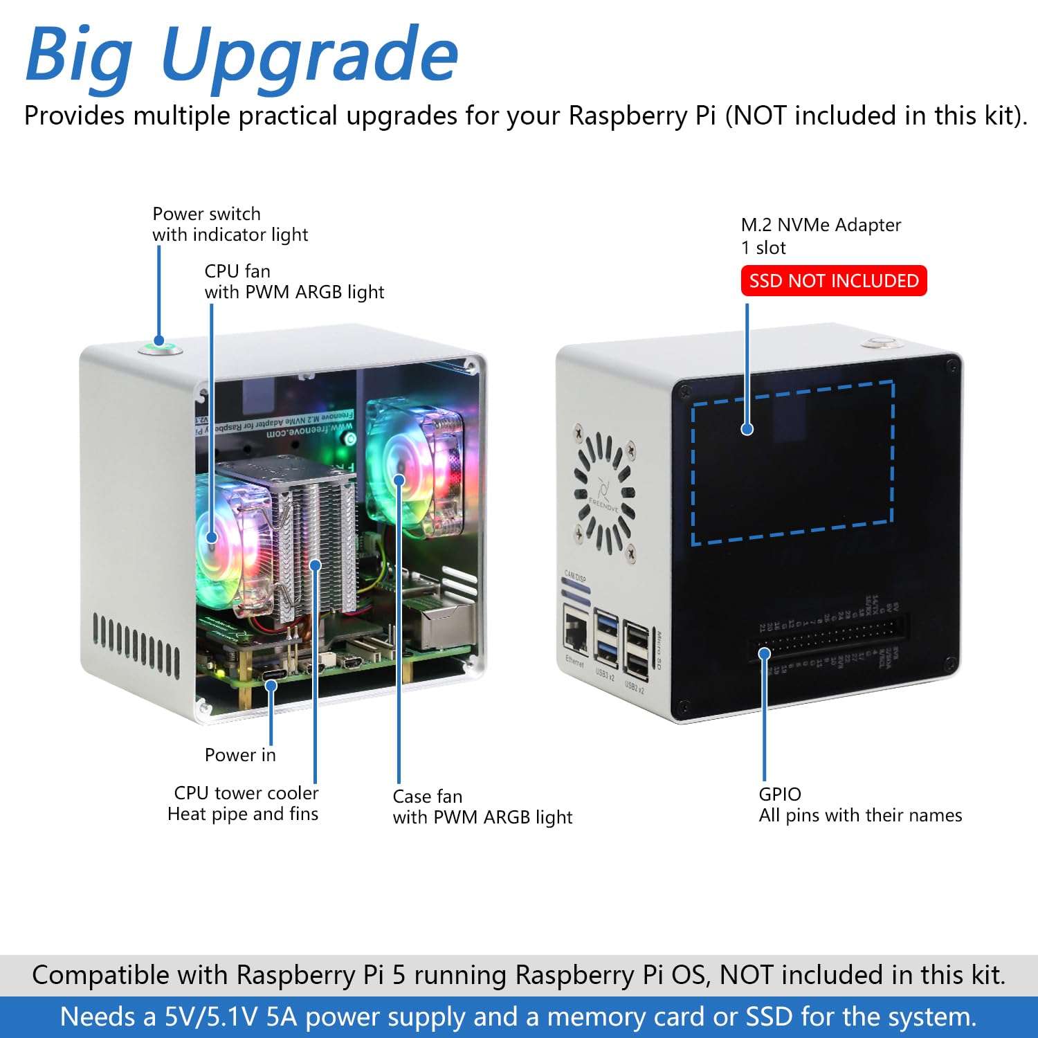 Freenove Case for Raspberry Pi 5 (NOT Included), M.2 NVMe SSD Slot, PWM ARGB Fans Light Sync, CPU Tower Cooler, Power Button with Indicator Light, Setup Software 3