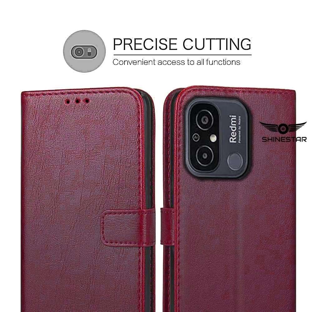 SHINESTAR Redmi 12C / Poco C55 Flip Back Cover | PU Leather Flip Cover Wallet Case with TPU Silicone Case Back Cover for Redmi 12C / Poco C55 - Blood Red 3