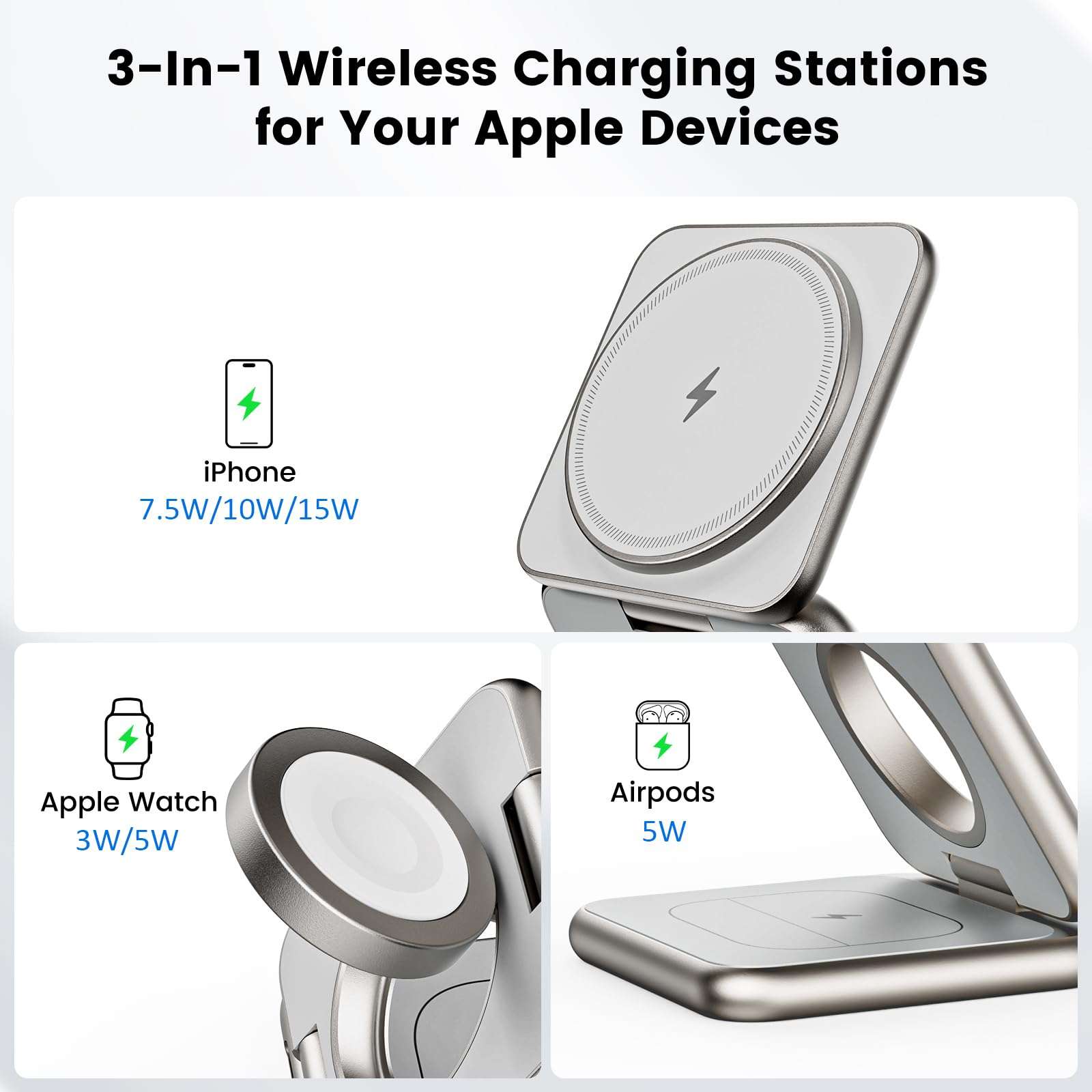 KU XIU X40 Plus 3 in 1 Wireless Charging Station, Foldable Portable Magnetic Wireless Charger for Apple Devices, 15W Fast Charging Stand for iPhone 16 15 14 13 12 Pro Max & Apple Watch, AirPods 3