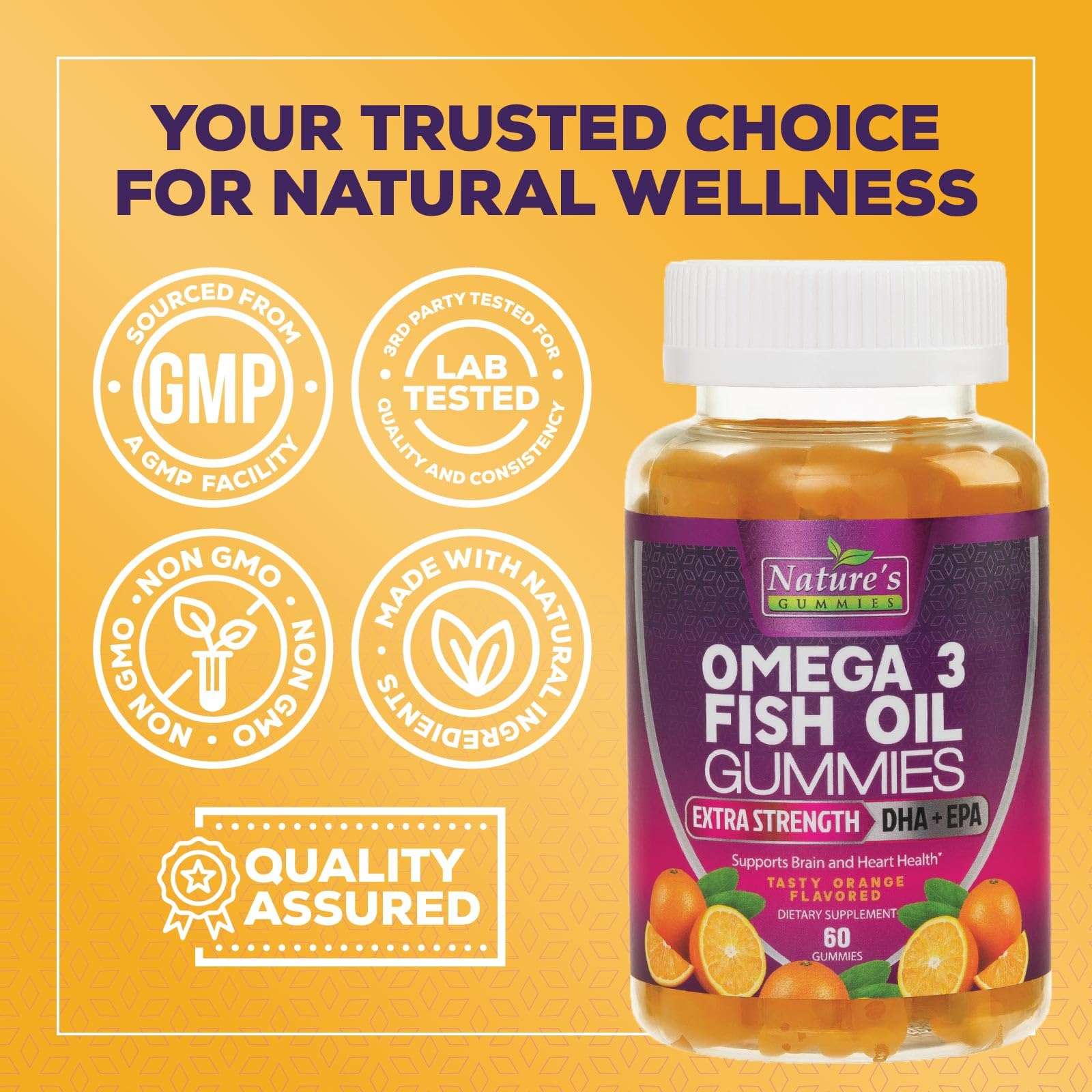Omega 3 Fish Oil Gummies, Heart Healthy Omega 3 Gummy Supplement with High Absorption DHA & EPA, Extra Strength Joint & Brain Support, Delicious Orange Flavor Fish Oil Nature's Vitamin - 60 Gummies 5