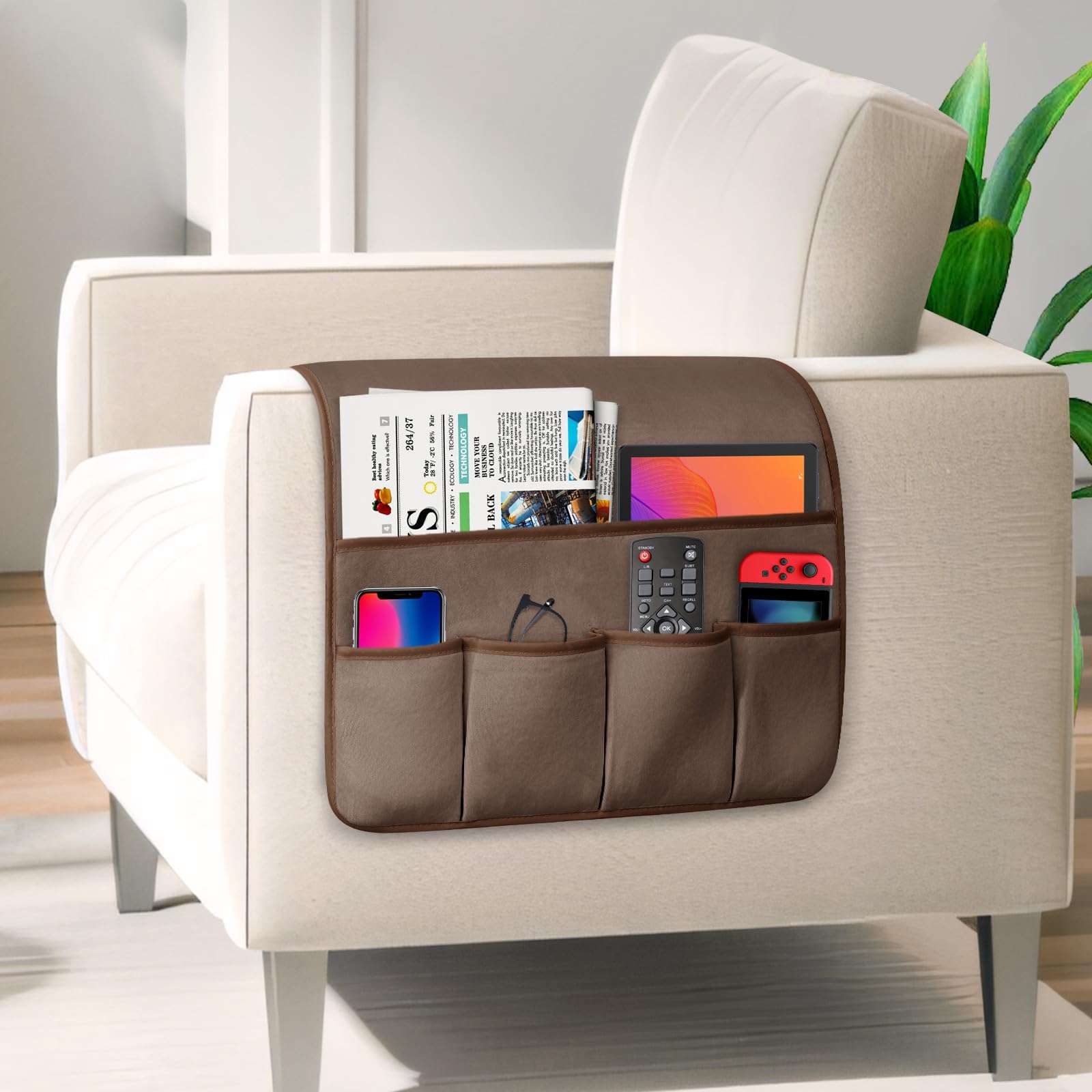 WETRBWEH TV Remote Control Holder Couch Caddy, Non-slip Bedside Caddy Organizer with 5 Pockets for Key Glasses Phone Magazine Holders (Brown, 35''x18'') 3