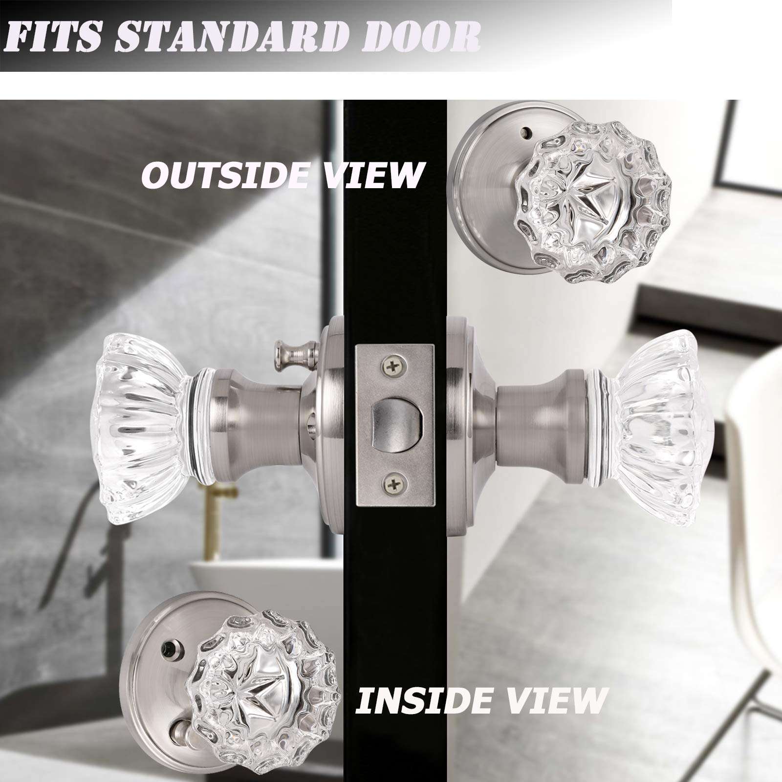 knobelite (6 Pack Diamond Crystal Glass Interior Door Knobs with Lock,Privacy Door Knobs for Bed and Bath,Round Crystal Glass Keyless Door Knobs Interior,Privacy Function,Satin Nickel 2