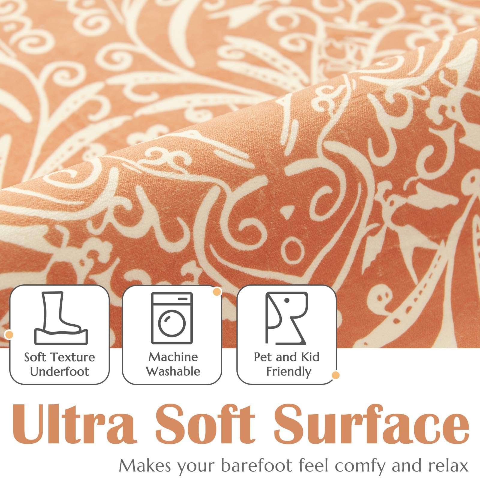 Jinchan Halloween Accent Rug - 2x5 Foldable Soft Indoor/Outdoor Vintage Dark Orange Print Floral Retro Carpet Mat for Kitchen, Living Room, Bedroom 2