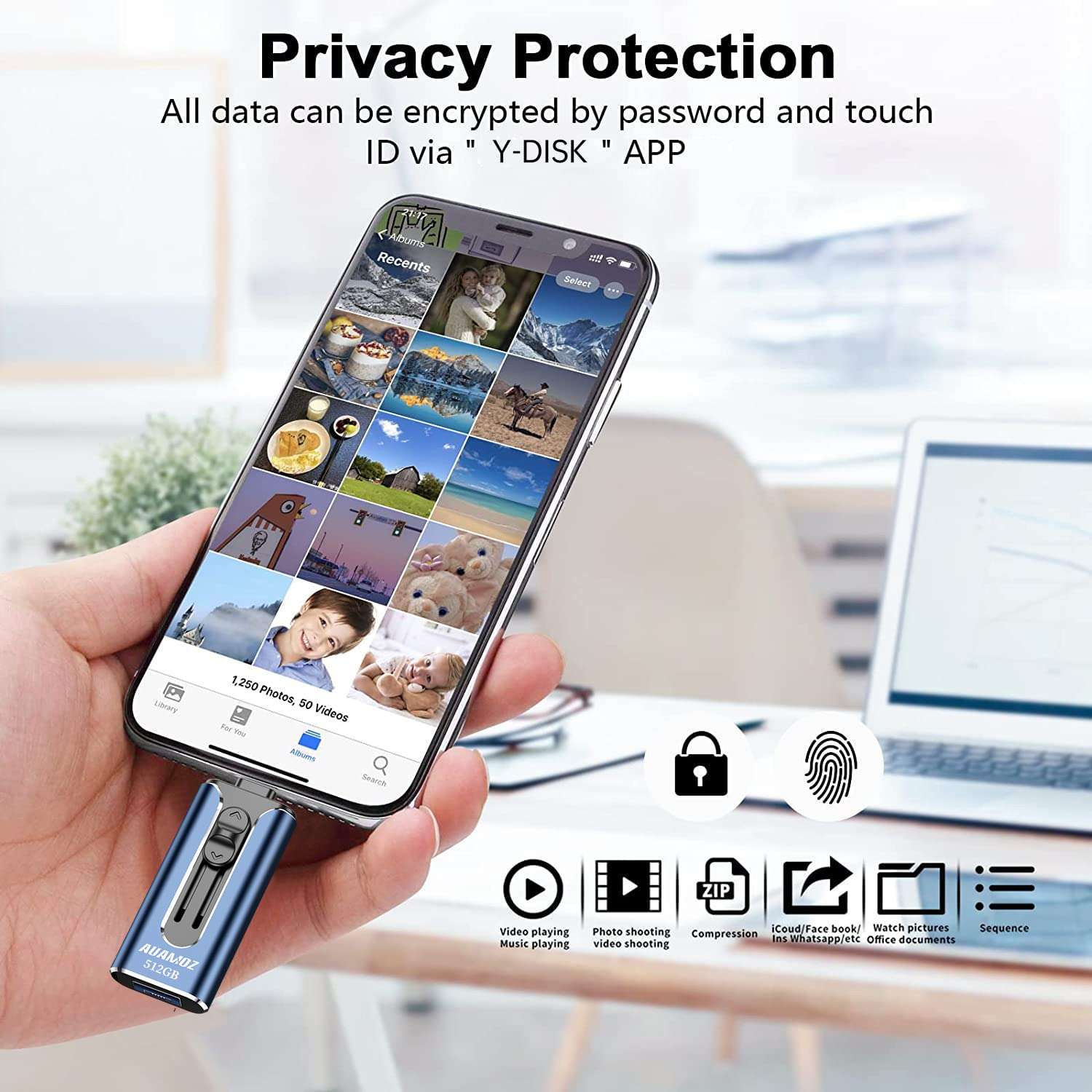 AUAMOZ 512GB Flash Drive for iPhone, USB Memory Stick Photo Stick External Storage Thumb Drive for iPhone iPad Android Computer (Light Blue) 3