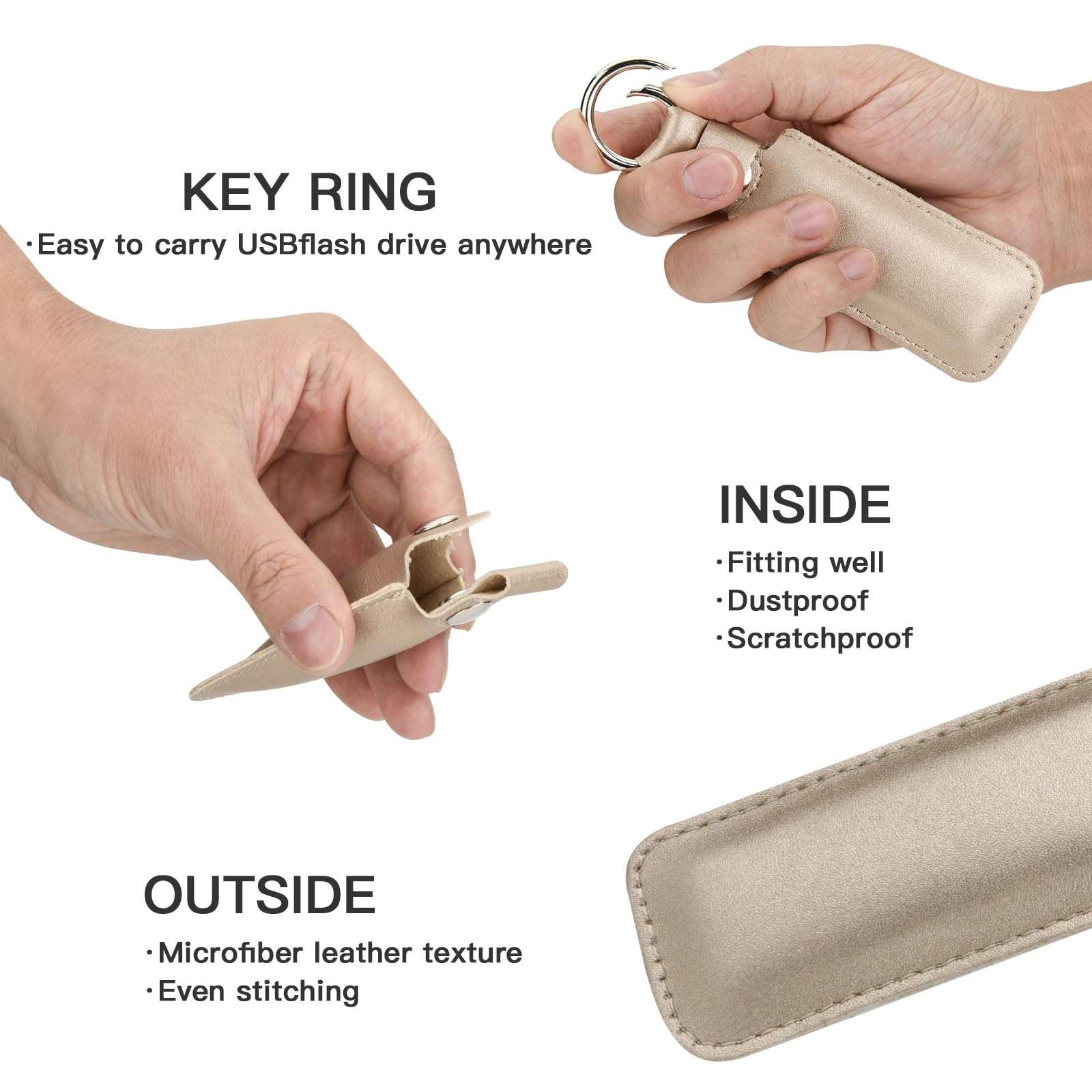 CaSZLUTION Microfiber Leather USB Flash Drive Case - Anti Lost USB Flash Drive Holder Protective Cover with Keychain, Small Portable Storage Carrying Case for USB Flash Drive (1PC, Champagne Gold) 5