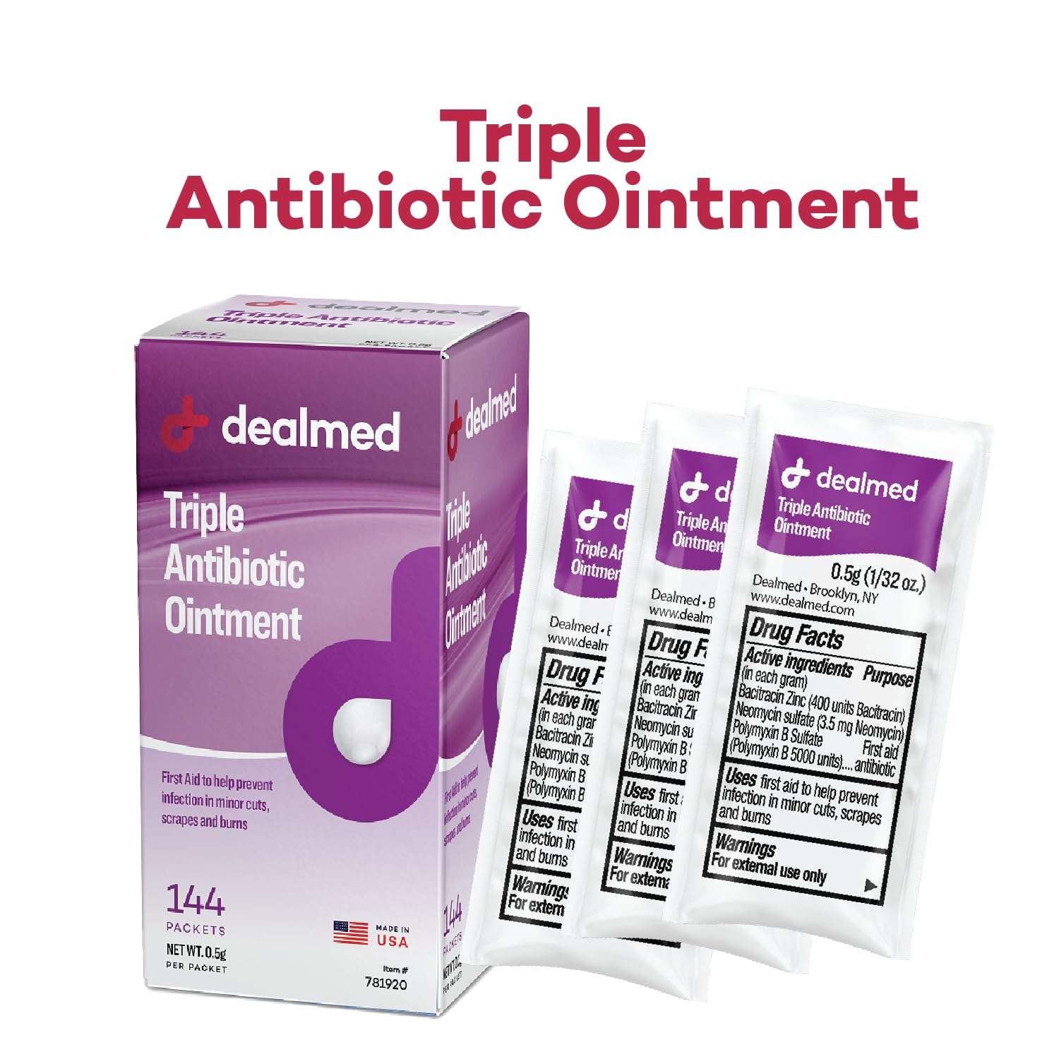 Dealmed Triple Antibiotic Ointment – Made in The USA, Single-Use Packets for Instant Relief from Cuts, Scrapes and Burns, 144 Packets/Box (.5g) - Pack of 1 3