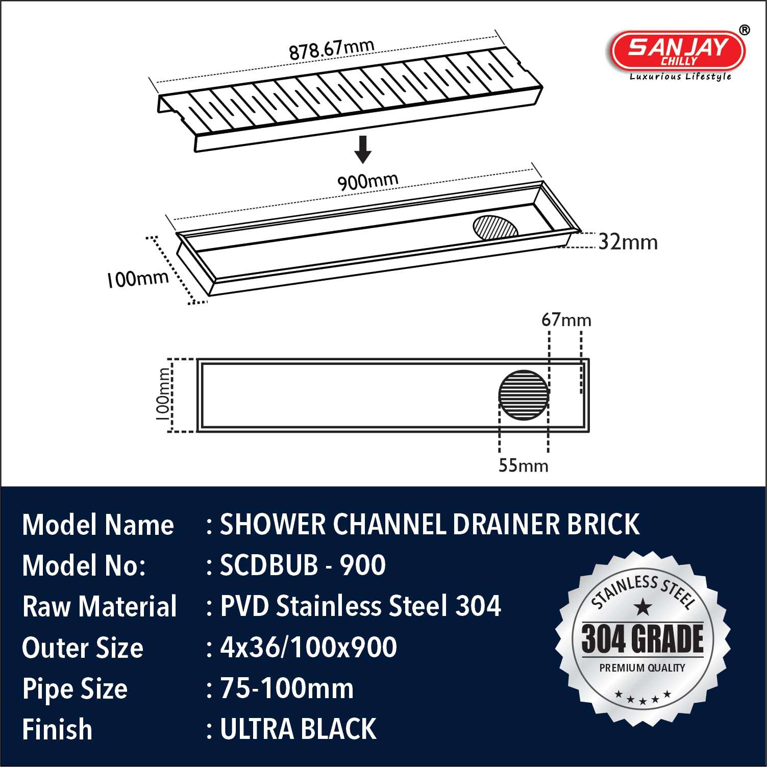 SANJAY CHILLY Brick Shower Channel Drainer Colour Collection SS Floor Drain Channel 304 Grade Cockroach Trap with Collar Luxurious Bathroom GRATINGS (Side Hole - Ultra Black - 36x4 INCH) 4