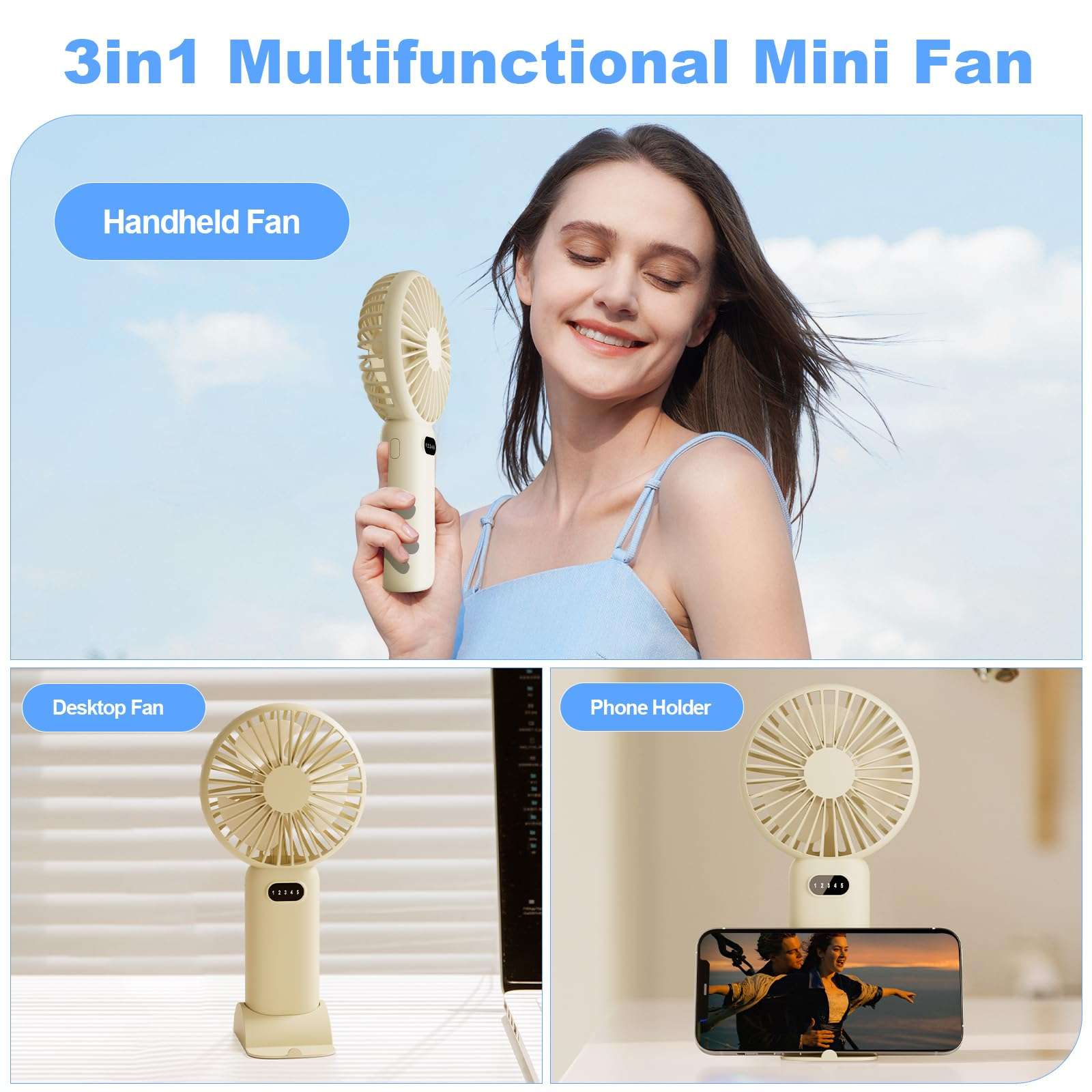 plilogo Portable Fan, Handheld Fan with LED Display, Personal Fan for 15 Hours Cooling, Small Fan with Powerful Airflow, Rechargeable Travel Fan for Outdoor Camping, Mini Fan with Phone Holder 3