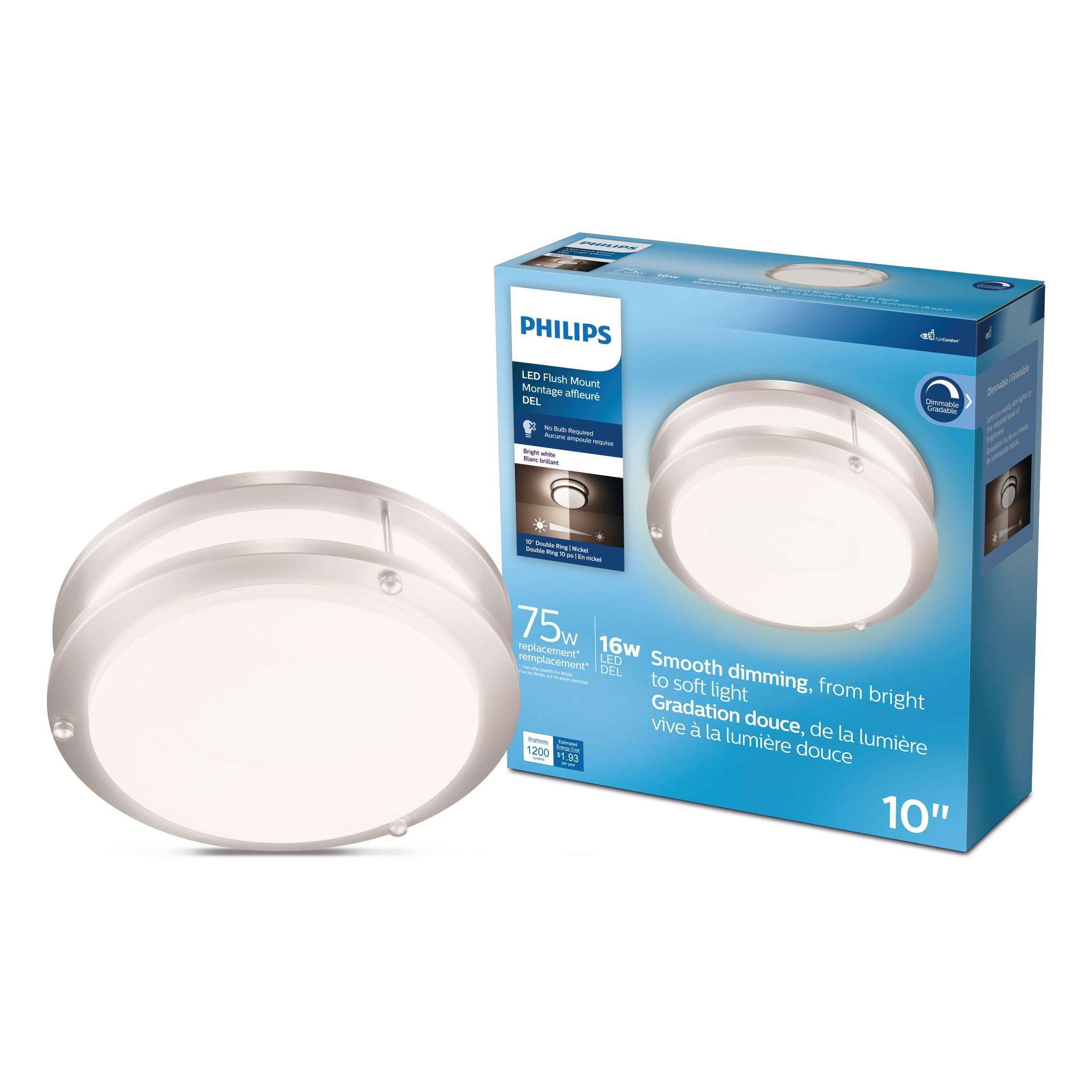 Philips LED Flush Mount Double Ring Ceiling Light 1-Pack Daylight (3000K) 1200 Lumen (16W = 75W) Dimmable Brushed Nickle No Bulbs Required 1