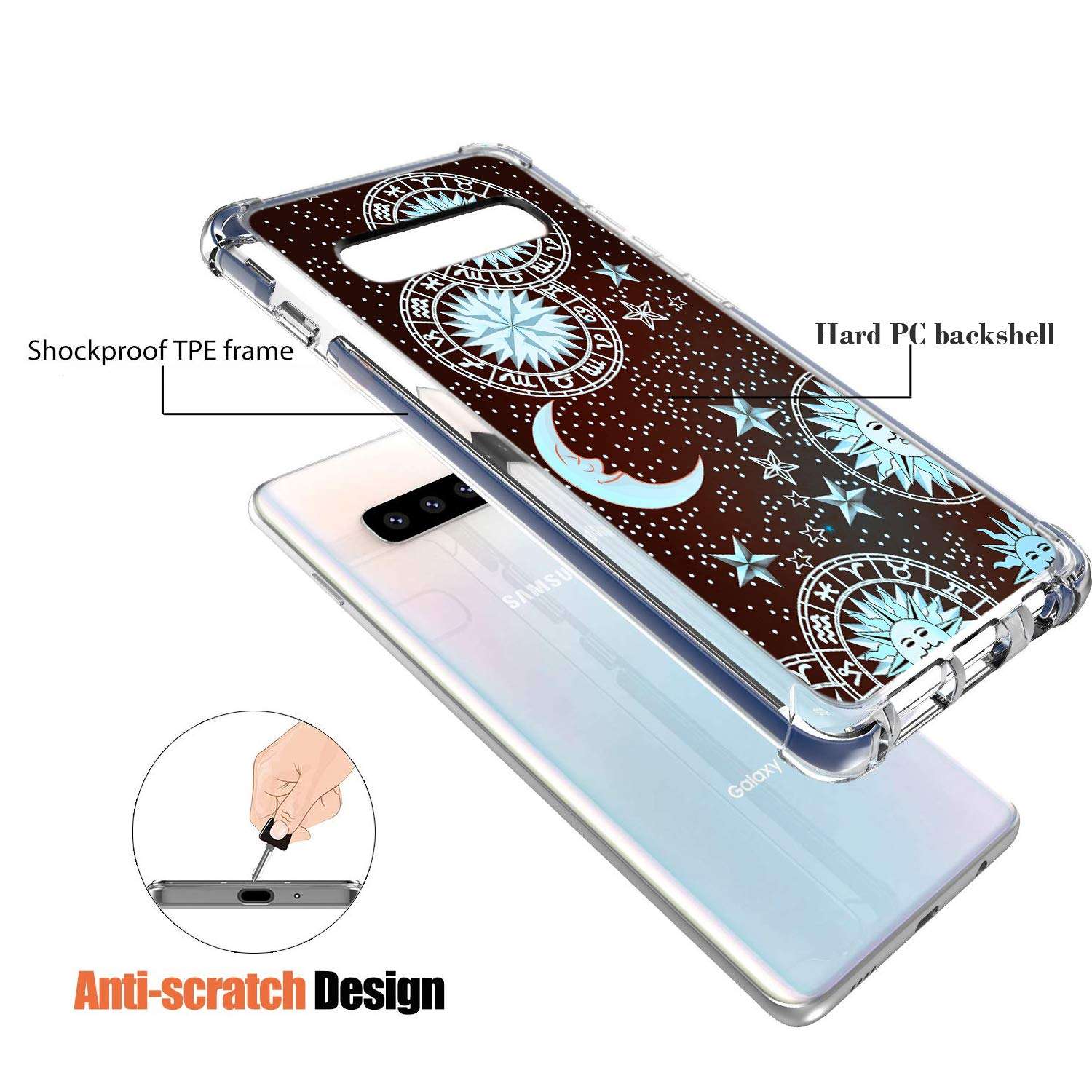 Gifun Hard PC Bumper Shockproof Clear Soft Slim Design Pattern Case for Samsung Galaxy S10 Plus Release 6.4inch - Sun Moon Star on The Galaxy 3