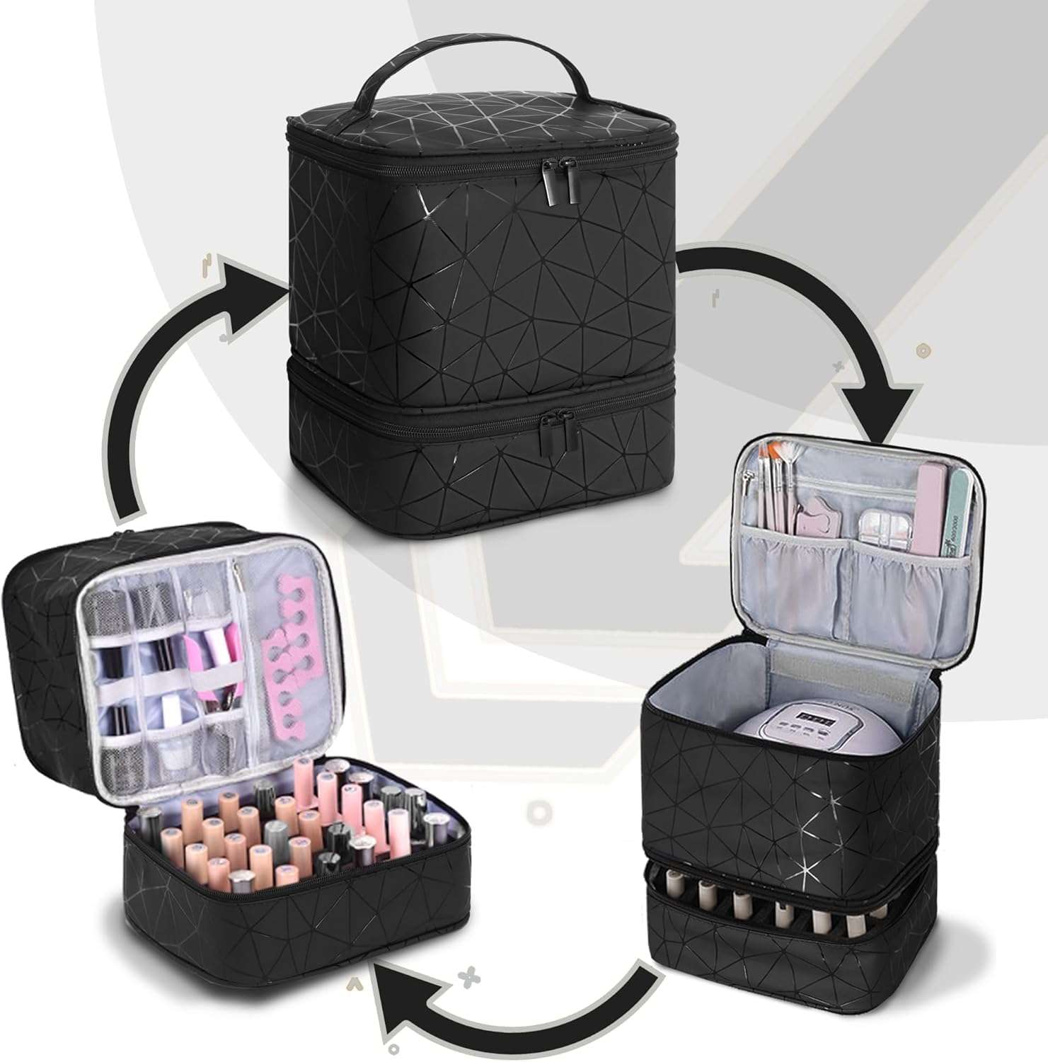 Fennec Mart Travel Nail Polish Organizer Bag Large Capacity Double Layer Makeup Case for 30 Bottles Nail Art Tool Storage with Handle, Customizable Compartments Multi Pouches for Travel (Black) 4