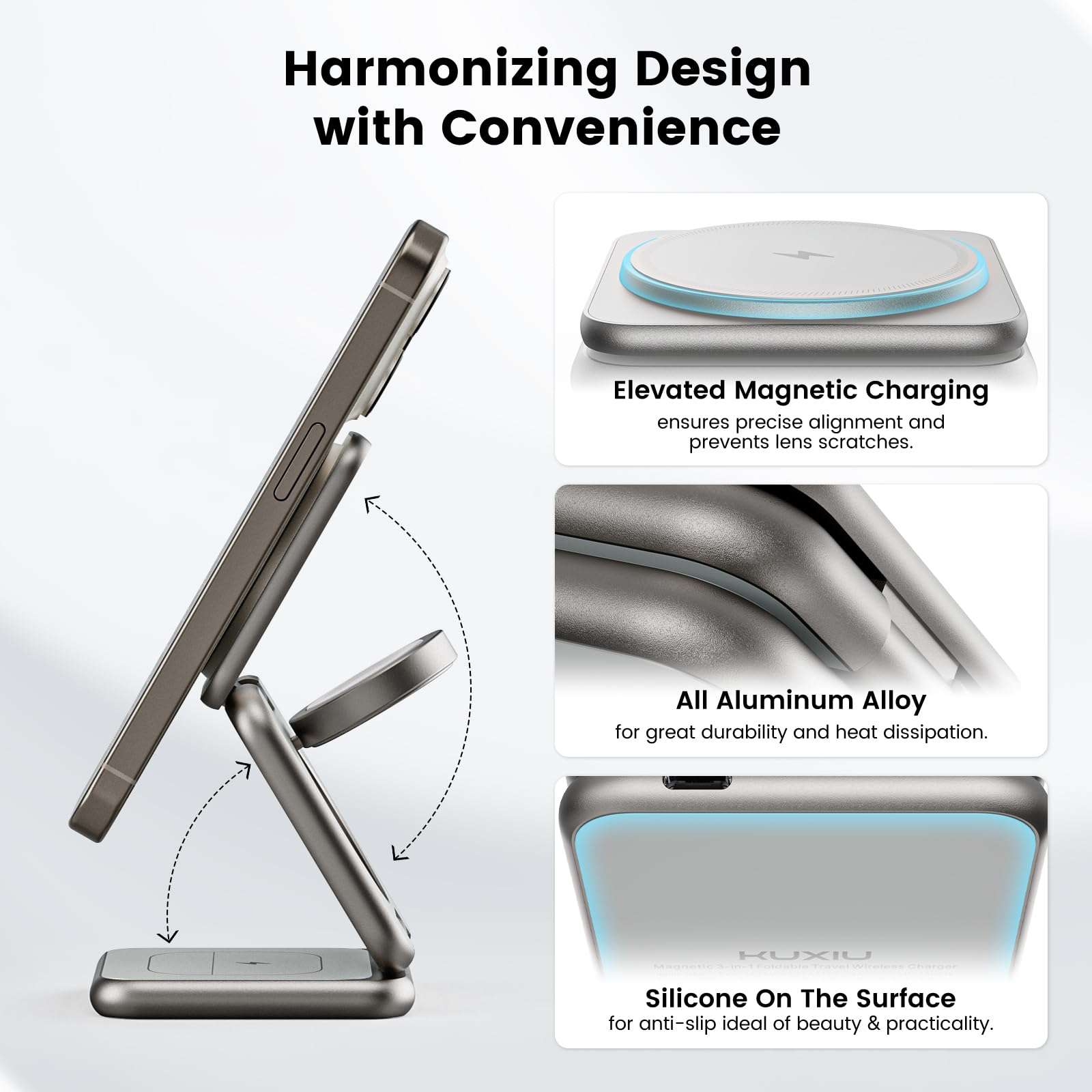 KU XIU X40 Plus 3 in 1 Wireless Charging Station, Foldable Portable Magnetic Wireless Charger for Apple Devices, 15W Fast Charging Stand for iPhone 16 15 14 13 12 Pro Max & Apple Watch, AirPods 4