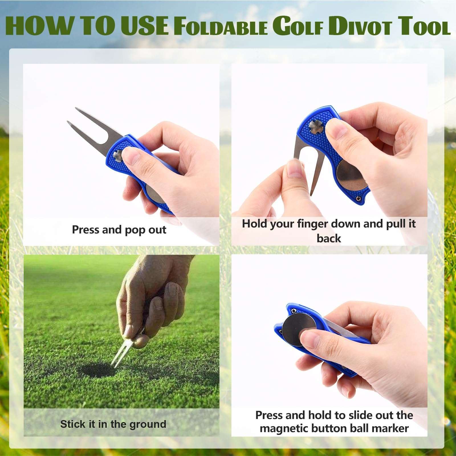 2 Pack Foldable Golf Divot Repair Tool Golf Divot Tool with Magnetic Button Ball Marker Divot Tool and Ball Marker for Golfers (2, White+Blue) 5