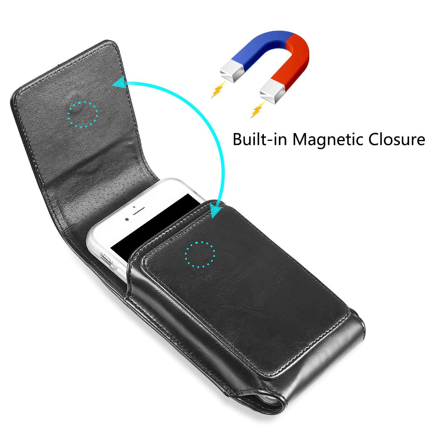 suily Cell Phone Belt Holster Waist Pouch, 5.5" Universal Vertical Leather Flip Cover Phone Belt Clip Case Magnetic Closure Pouch for iPhone 6 Plus/7 Plus/8 Plus Samsung Android Phones(Black) 4