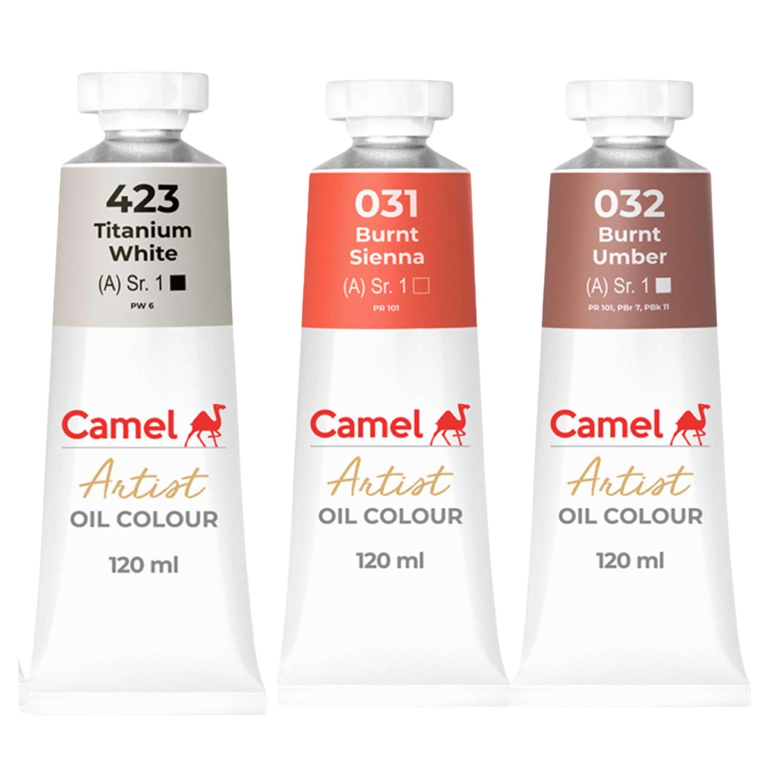 Camel Artist Oil Colour Set, 120ml, Non-Toxic, Neutral Artist Oil Paint Set, Burnt Umber, Burnt Sienna, Titanium White NEUAOC3 1