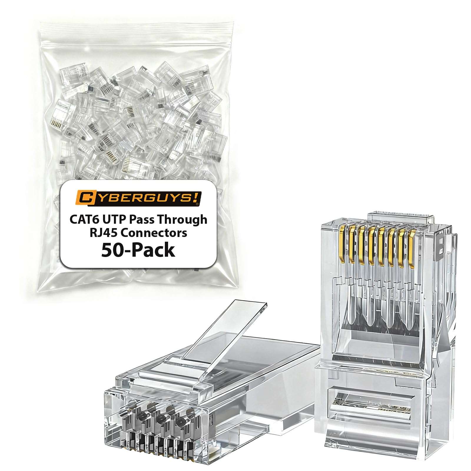 Cyberguys! CAT6 UTP Pass Through RJ45 Connectors – 50-Pack Gold-Plated 50μ 8P8C Modular Plugs, Supports 24–25AWG Ethernet Cables, 10Gbps High-Speed Network Ends, Easy Install with Crimp Tools 50-Pack 1