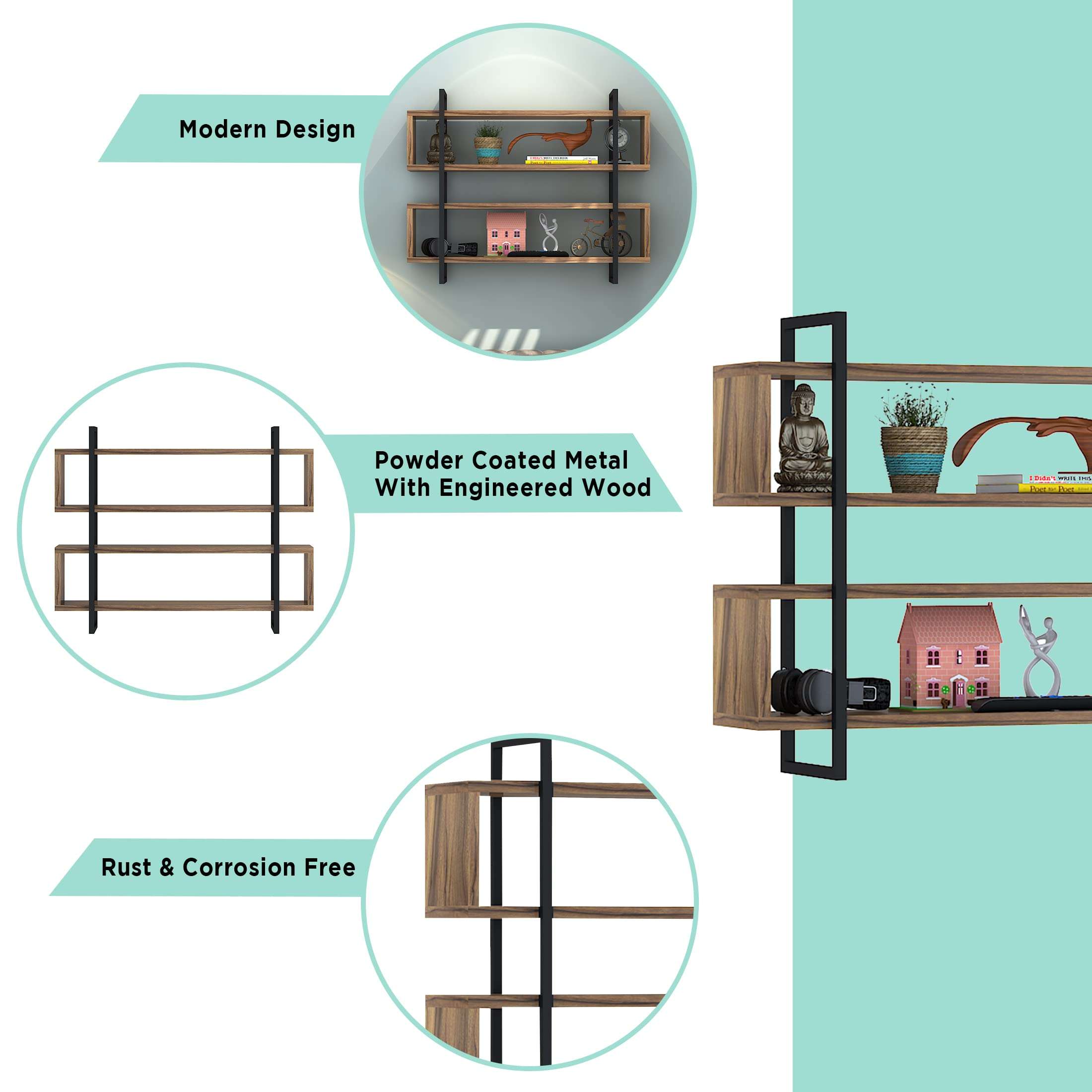 Klaxon Maite Wood & Metal Wall Shelf for Home Decor, Kitchen, Living Room Wall Rack | Multipurpose Wall Mounted Shelf (30 * 8 * 24 Inches, Asian Walnut & Black) 5