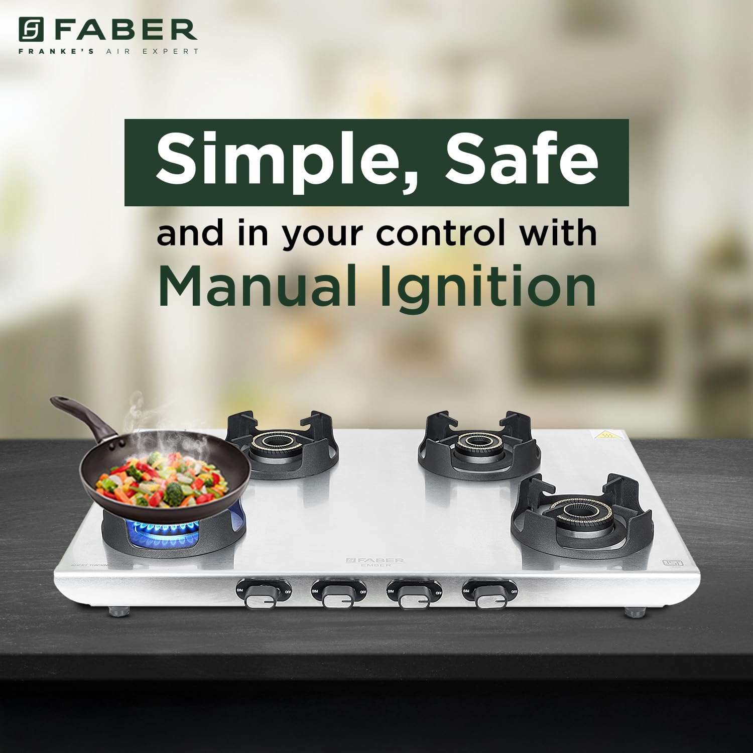 Faber Ember Stainless Steel Cooktop | 4 Brass Burners (Jumbo, 2Medium & Small |Manual Ignition | Diamond-Coated Pan Support |Cooktop Ember 4BB SS CI (4 Burner) 3