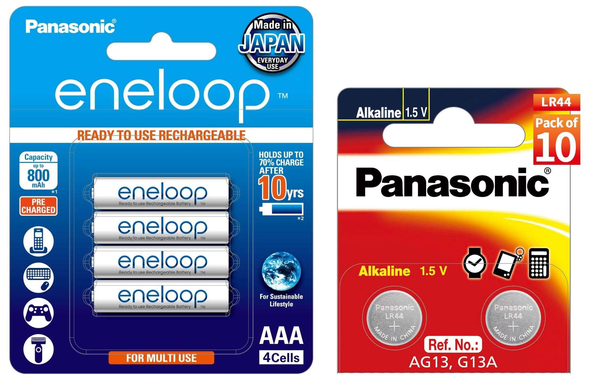 Panasonic AAA Eneloop Ni Mh Rechargeable Batteries && LR44 Alkaline Coin Battery 1.5 v- Pack of 10 Provide Long Lasting Power in a Variety of Devices,from keyless-Entry fobs to Toys