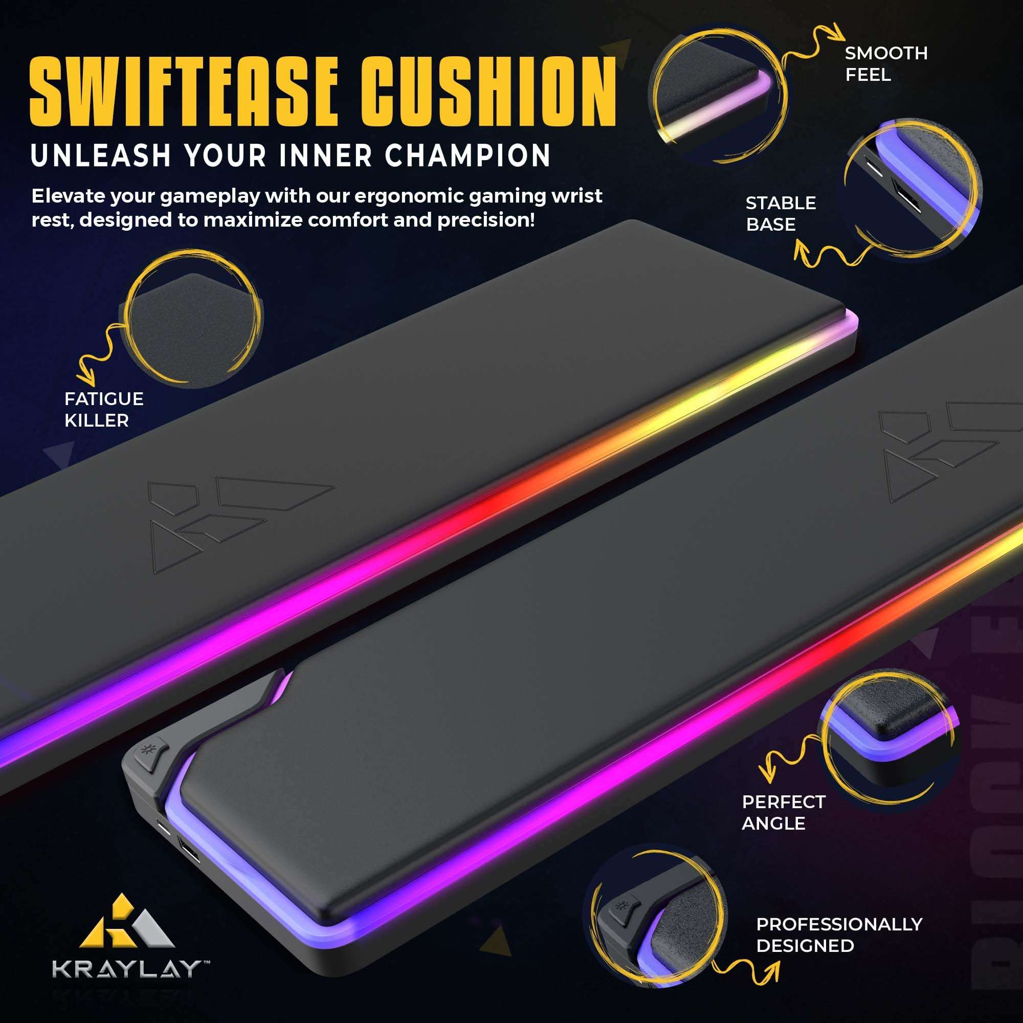 Kraylay RGB Backlit Gaming Wrist Rest | RGB Wrist Support for Keyboard | Keyboard Wrist Rest with 14 Color Modes | 17x4x1 Inches Wrist Pad for Keyboard | Wrist Rest for Computer, Laptop, | Black 2