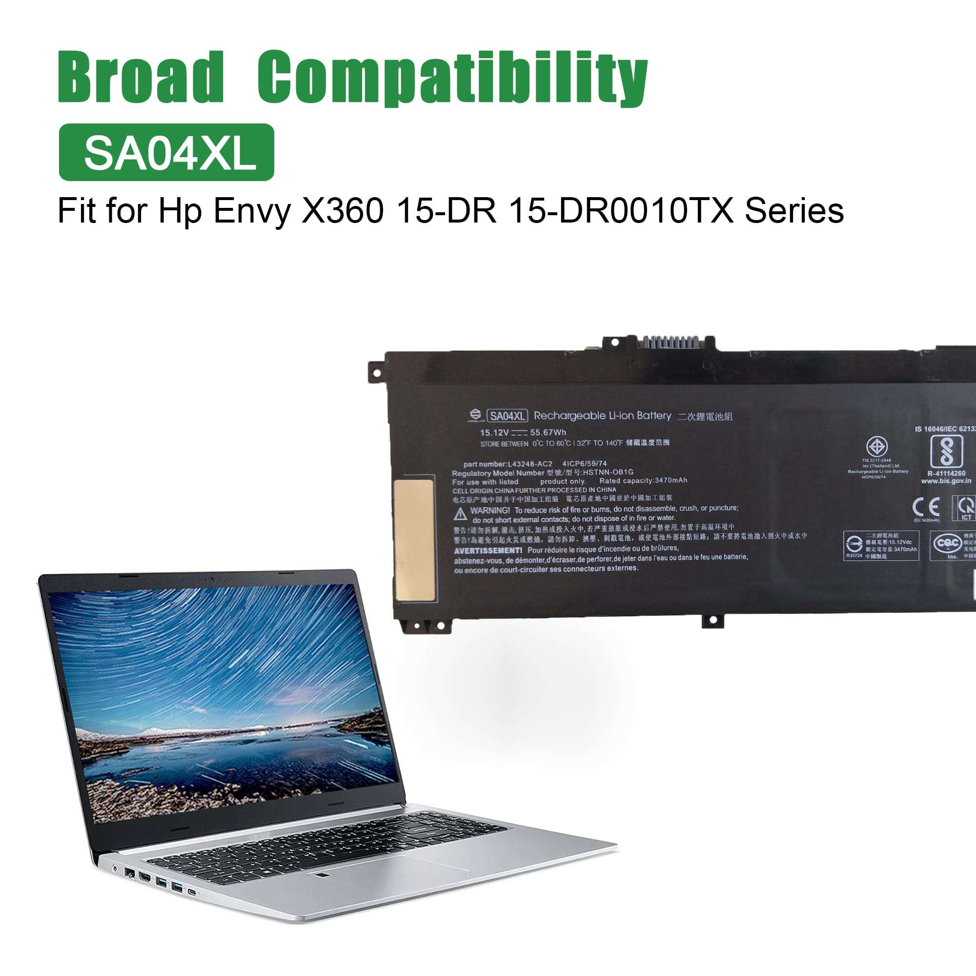 JIAZIJIA SA04XL Laptop Battery Replacement for Hp Envy X360 15-DR 15-DR0010TX Series HSTNN-OB1G L43248-AC2 L43267-005 HSTNN-LB8O L43248-421 824561-001 HSTNN-UB7U L43248-541 15.12V 55.67Wh 3470mAh 5
