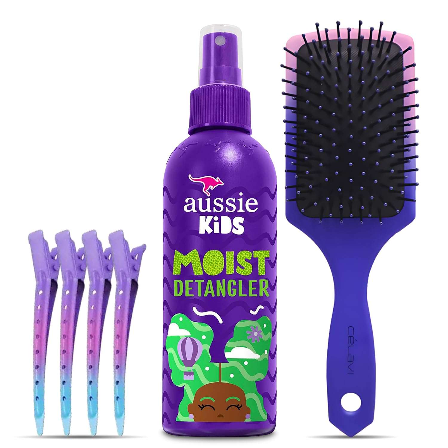 6 Pc Hair Detangler Kit Includes Aussie Kids Moist Tangle-Free Spray Detangling Wet or Dry Paddle Brush for All Hair Types Sectioning Clips Paraben and Sulfate-Free 8Fl oz by Great Lakes Goods 1