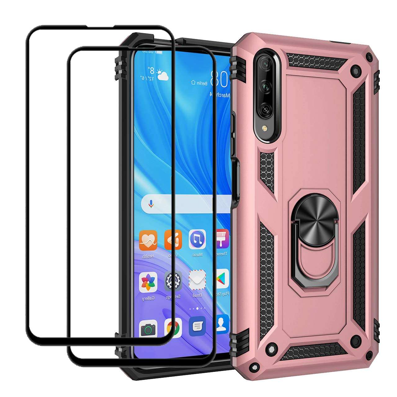 EasyLifeGo for Huawei Y9s / Huawei P smart Pro 2019 / Honor 9X Pro Kickstand Case with Screen Protector Tempered Glass [2 pieces], Hybrid Heavy Duty Armor Dual Layer Anti-Scratch Case Cover, Rose Gold 1