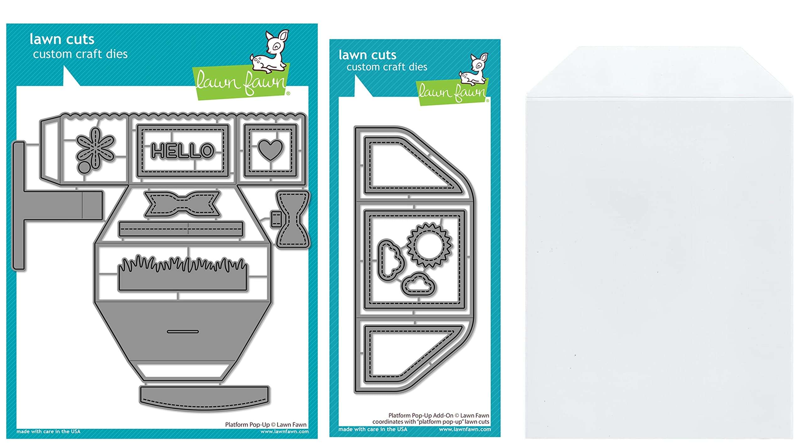 Lawn Fawn Platform Pop-Up Interactive Die and Add-on Die (LF2792 LF2793) Plus 1 Die Storage Envelope, Bundle of 3 Items