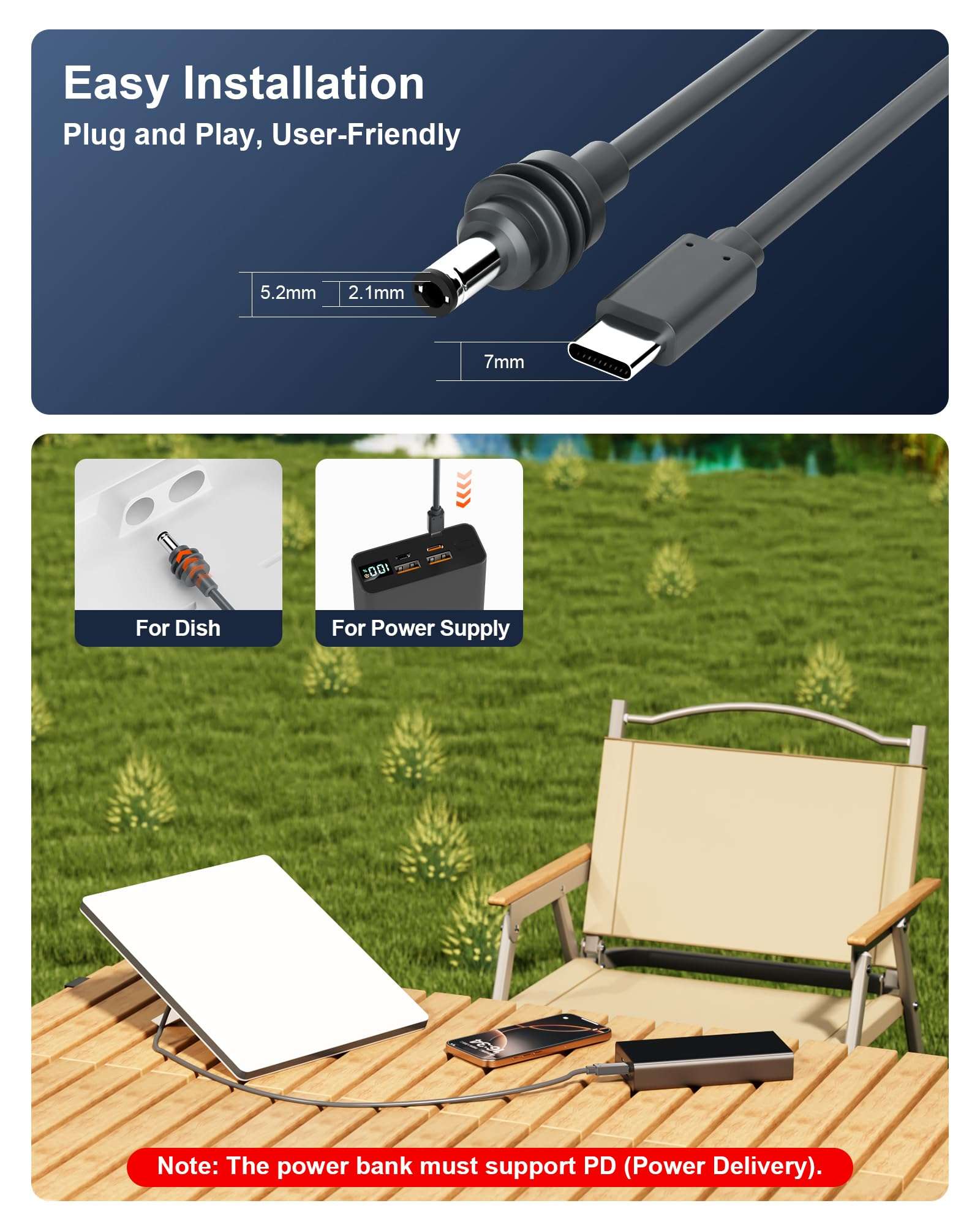 MUSVOH for Starlink Mini Cable USB C to DC Power Cords 11FT/3.3M, Type C to DC for Starlink Mini Cords Adapter with Tinned Oxygen-Free Copper OFC 16AWG Waterproof Outdoor 5