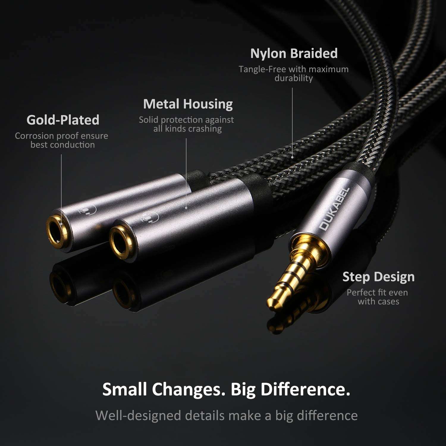 DUKABEL Headphone Splitter, Strong Braided & Gold-Plated 3.5mm Stereo Audio Y Splitter Cable 4-Pole Male to 2-Female Port Audio Stereo Cable Dual Headphone Jack Adapter Top Series 4