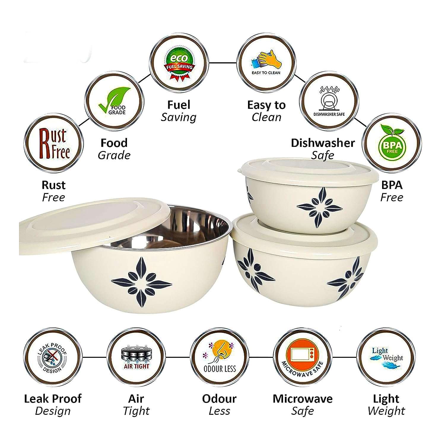 Zaib Stainless Steel Microwave Safe Euro Mixing Bowl Set with Lid | Pack of 3- Capacity (500ml, 800ml, 1250ml) | Snap-Fit Lid (Classic Ivory Star) (Classic Ivory) 4