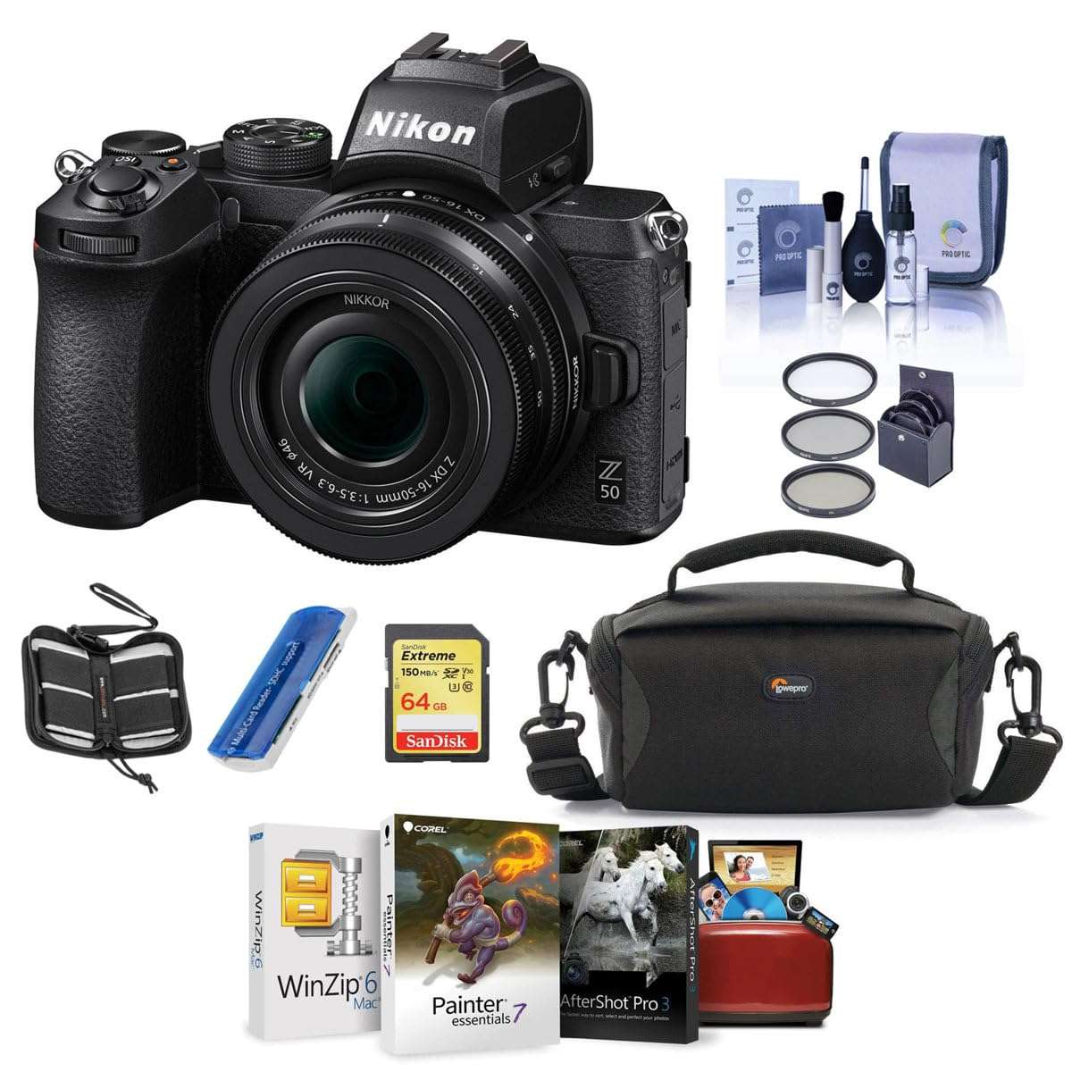 Nikon Z50 Mirrorless Camera with NIKKOR Z DX 16-50mm f/3.5-6.3 VR Lens - Bundle With Camera Case, 64GB SDXC Memory Card, 46mm Filter Kit, Cleaning Kit, memory Wallet, Card Reader, Mac Software Package 1