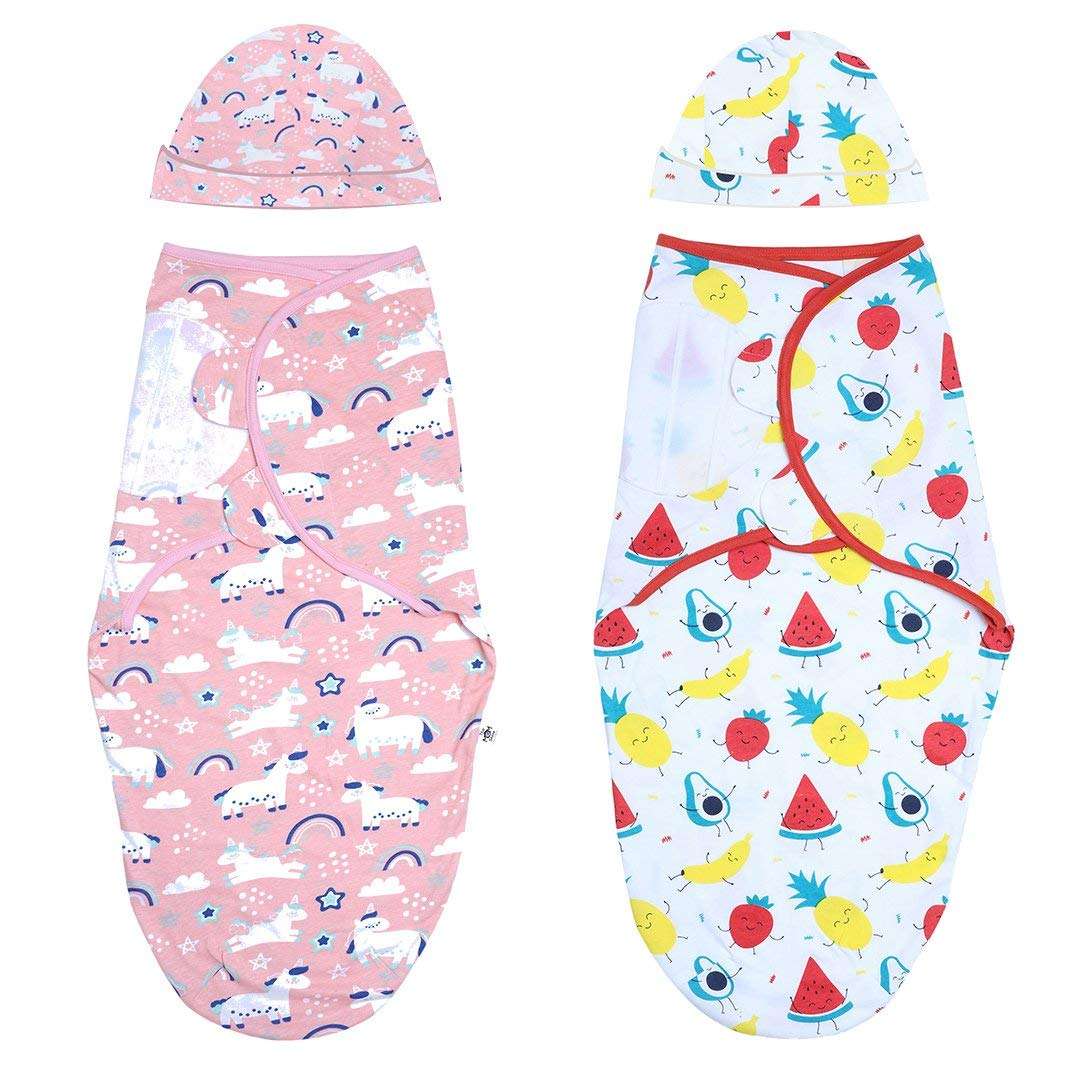 Newborn Baby Swaddle Wrap, Soft Adjustable Swaddle Blanket with Cap 0-3 Months -Pack of 2 (Unicorn & Fruit) 1