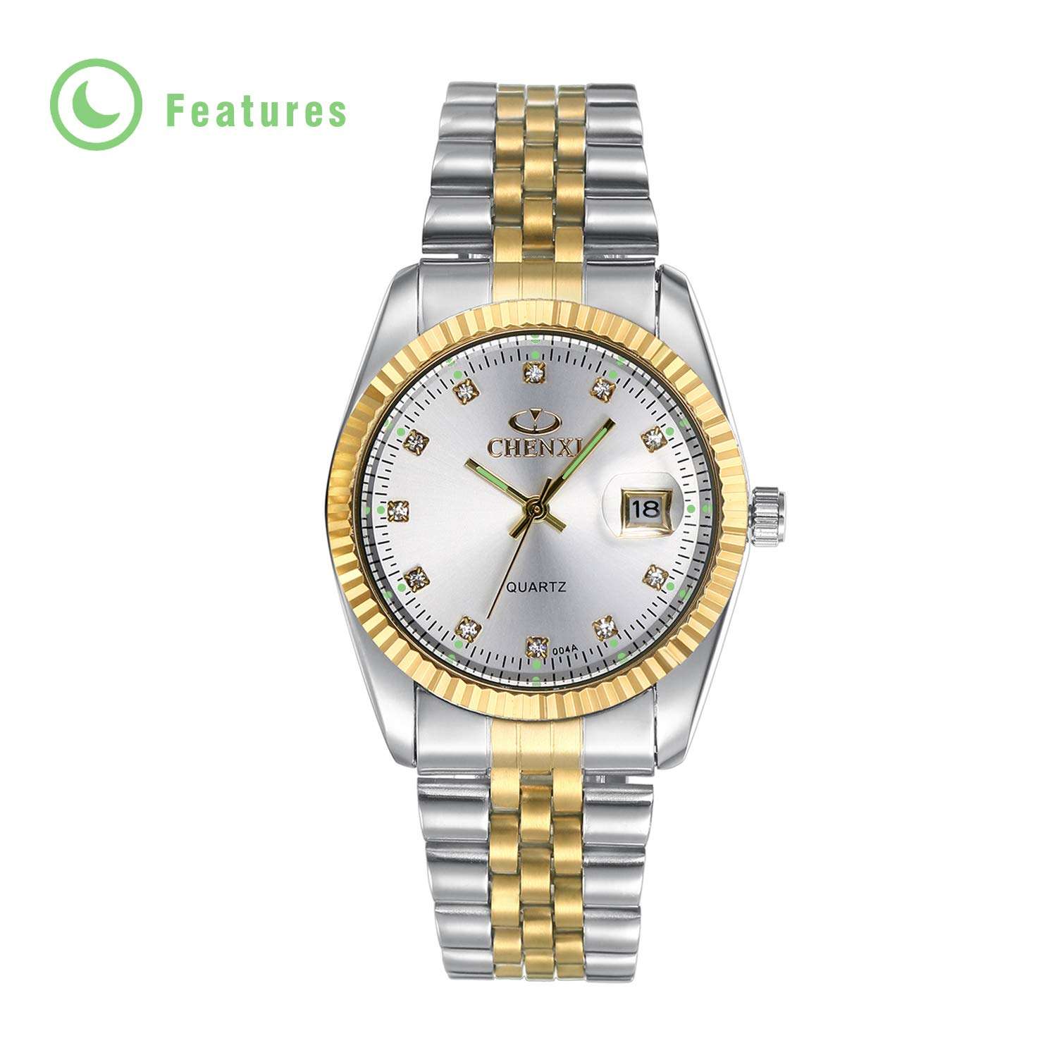 JewelryWe Luxury Couple Watches Gold-Silver Tone Stainless Steel Quartz Calendar Wristwatch Rhinestone His and Her Watch Set 6