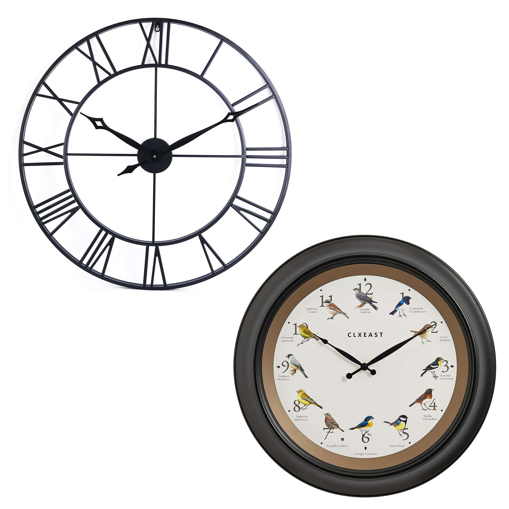 CLXEAST 30 Inch Large Oversized Roman Numeral Decorative Black Metal Wall Clock for Living Room Decor 18 Inch in/Outdoor Singing Bird Wall Clock,Auto Silent Night Mode