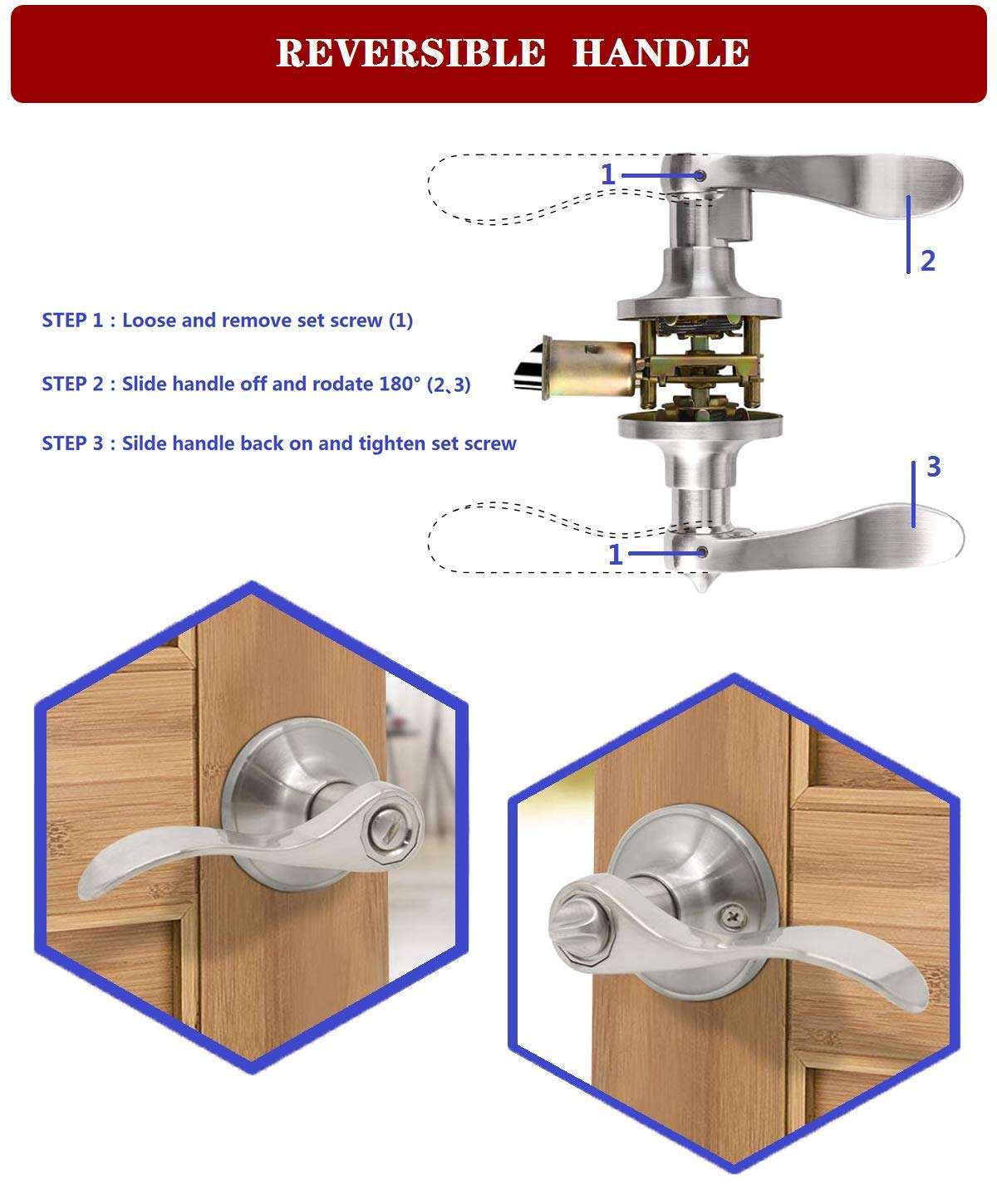 STIANC 6 Pack Privacy Door Lever Handle- Interior Door Handles-Bedroom/Bathroom Lever Door Handle Satin Nickel, High-Strength Design 5