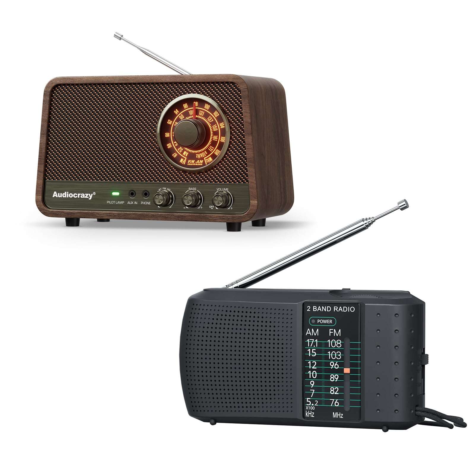 Audiocrazy Vintage Wooden AM FM Radio + Portable Pocket AM FM Radio