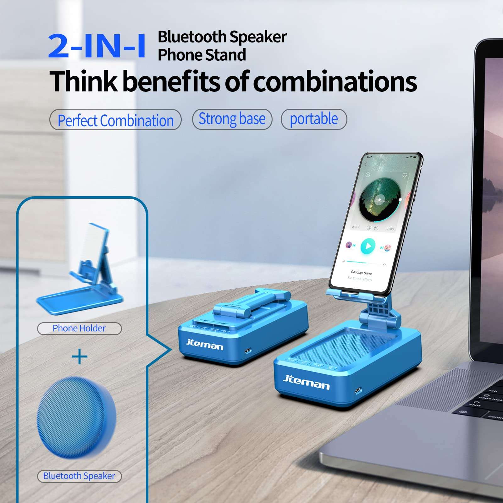 JTEMAN Cell Phone Stand with Wireless Bluetooth Speaker,Kitchen Gadgets for Men,Perfect for Home and Outdoors with Bluetooth Speaker for Desk Phone Holder Compatible with Most Smart Phones - Blue 3