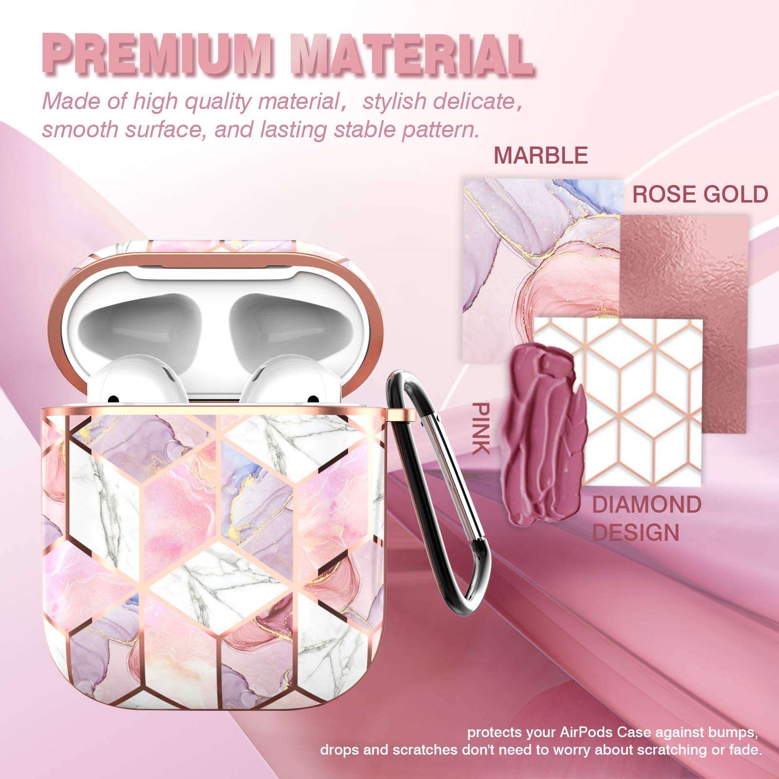 Hasaky Case for AirPods Case Cover, Girls/Woman/Men/Boys Portable (with Keychain) Cute Rose Gold Marble Series Hard Shockproof Anti-Scratch Protective Case for Apple AirPods 1st/2nd -Pink Marble. 2