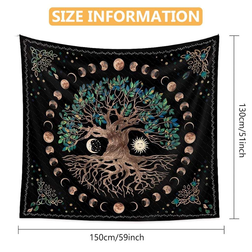 HASTHIP® Tree of Life Tapestry Wall Hanging Psychedelic Mystic Wishing Tree Artwork with Moon Phases, Washable Polyester Fabric, Vibrant Decorative Wall Carpet for Bedroom (51x59 Inches) 3