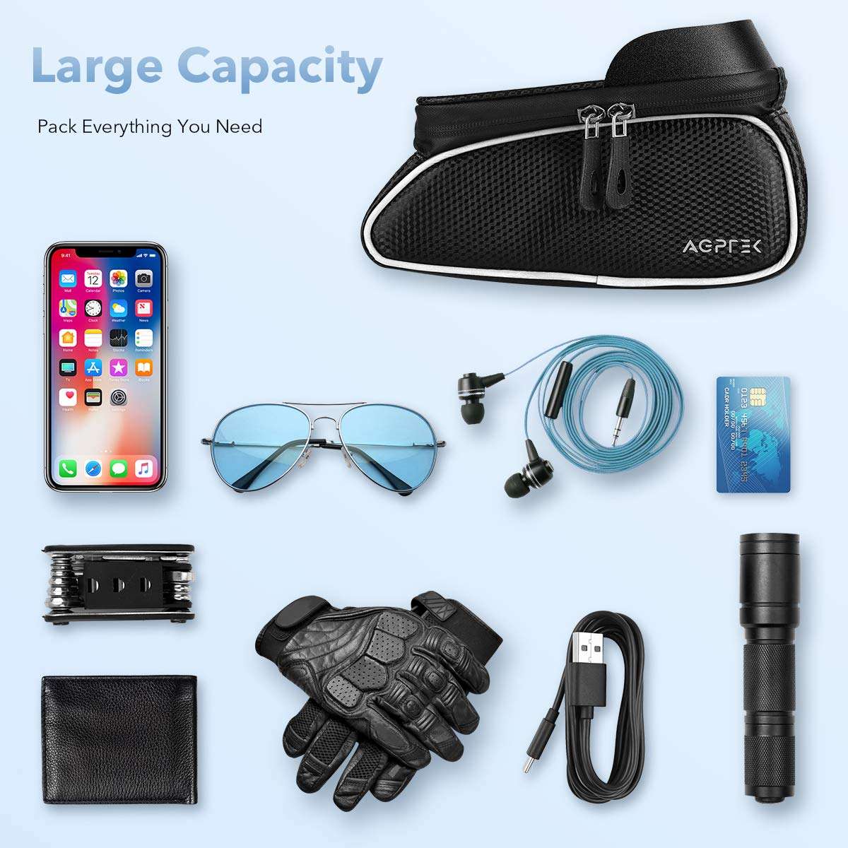 Bike Bag, Bicycle Phone Front Frame Bag Waterproof Cycling Pouch with TPU Touch Screen Bike Phone Mount Holder Accessories Top Tube Bag, for iPhone, Samsung, Below 6.5” - with Bicycle Repair Tool Kits 4