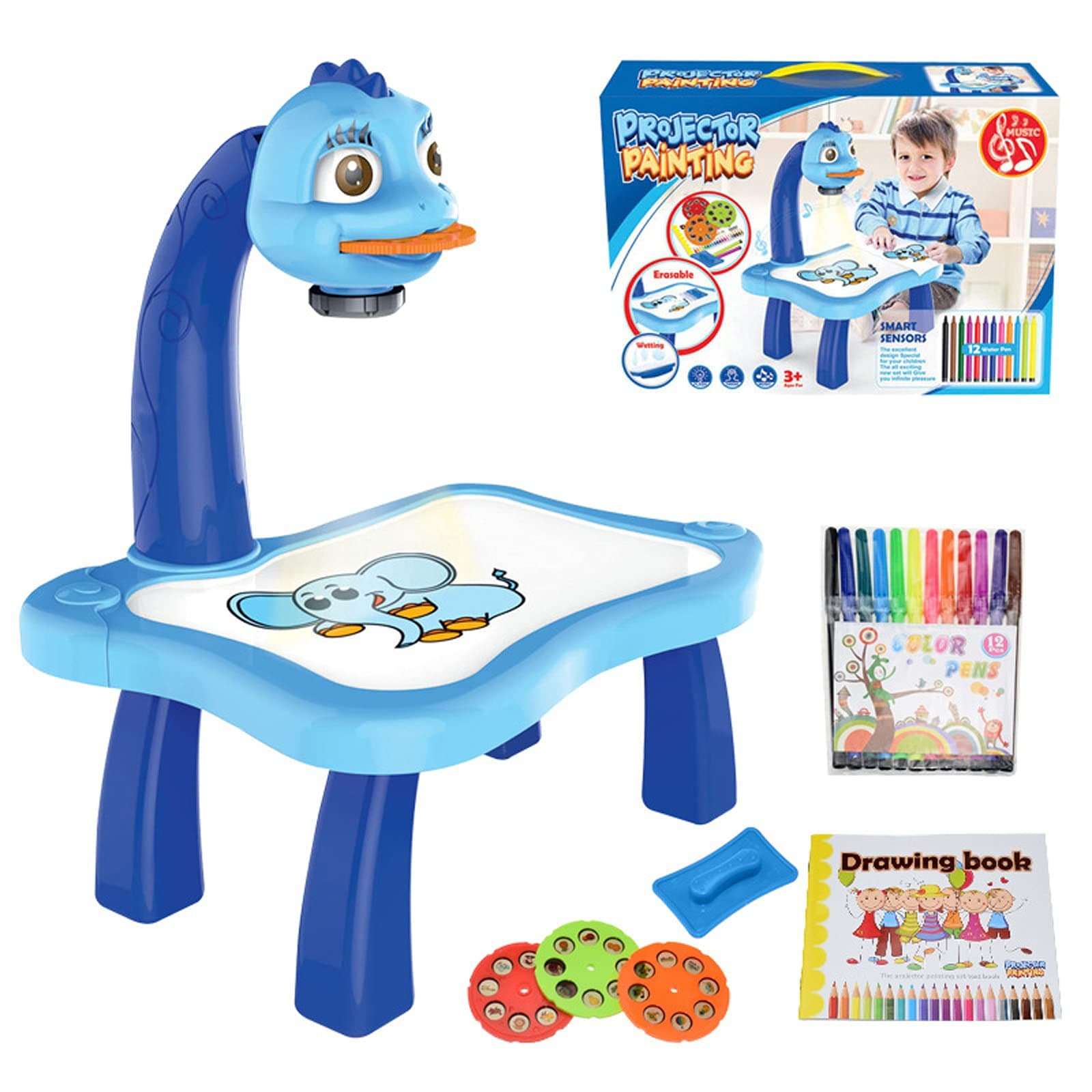 ZICRIC Projector Painting Set for Kids, Educational Early Learning Projection Drawing Table, Trace and Draw Projector Toy with Light & Music, Graffiti Children Projection Drawing Board, Blue 1