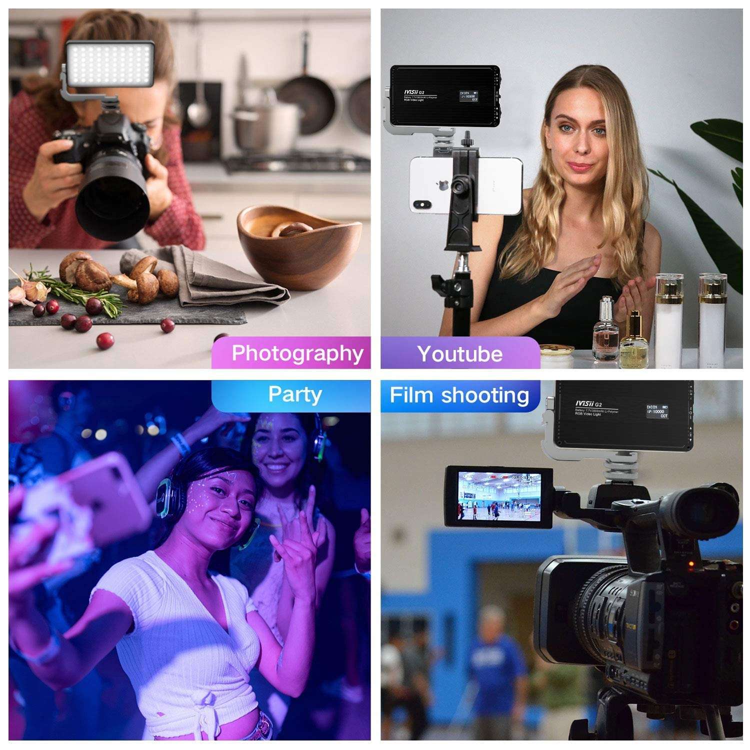 IVISII G2 Pocket RGB Camera Light,32Wh Built-in 4300mAh Rechargeable Battery 360°Full Color Gamut 9 Light Effects,2600-10000K LED Video Light Panel with Aluminum Alloy Body, Adjustable Tripod Stand 6