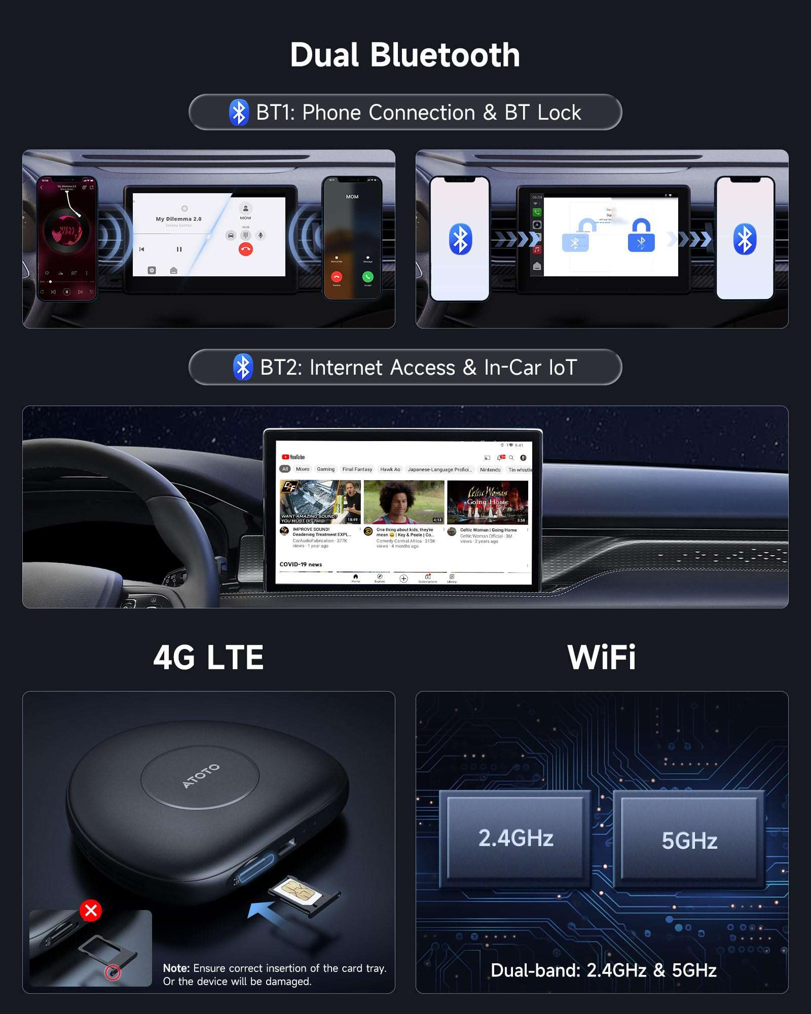 ATOTOLIFE CB6C AI Box CarPlay, Wireless CarPlay/AndroidAuto Adapter with YouTube, Car Video Box with AI Assistant, GPS Navigation, Android 13, 4G LTE, Expandable to 256GB, Watch Videos in Your Car 4