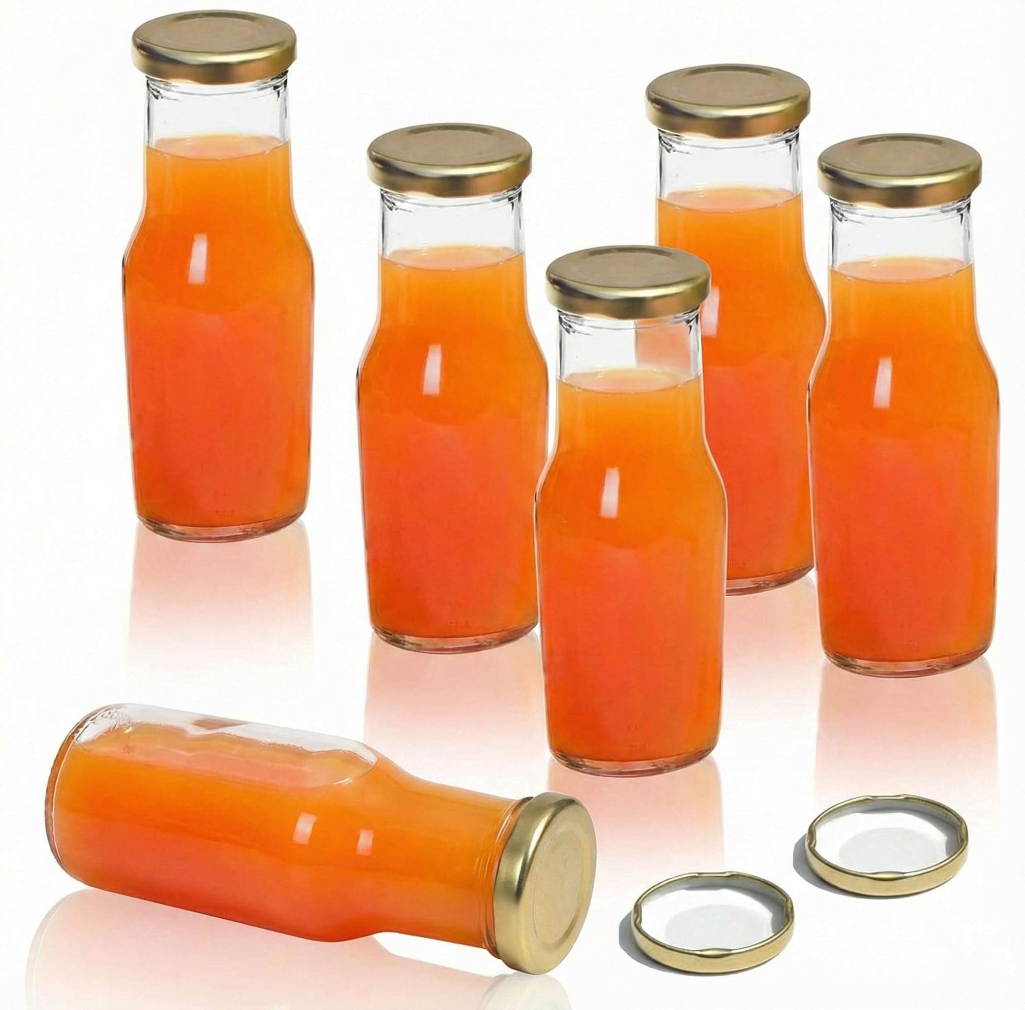 QLYSS Clear Glass Milk, Water and Juice Bottle With Airtight Cap - 200 Ml (Set of 6 Pieces) Transparent 1