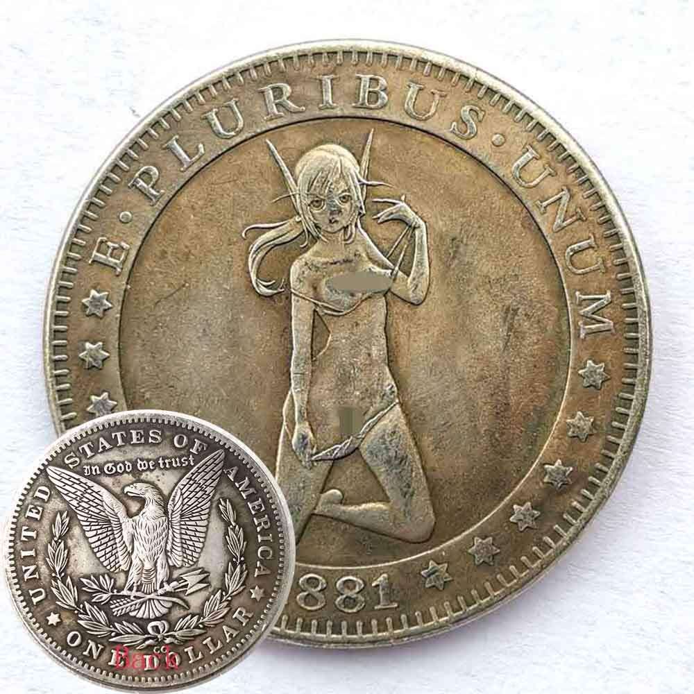 MarshLing 1881 Head Down Girl Old Coin -Handmade US Old Coins Collecting+KaiKBax Bag-Uncirculated Morgan Dollars Coin for Dad/Boyfriends/Husband Gift Forever 1