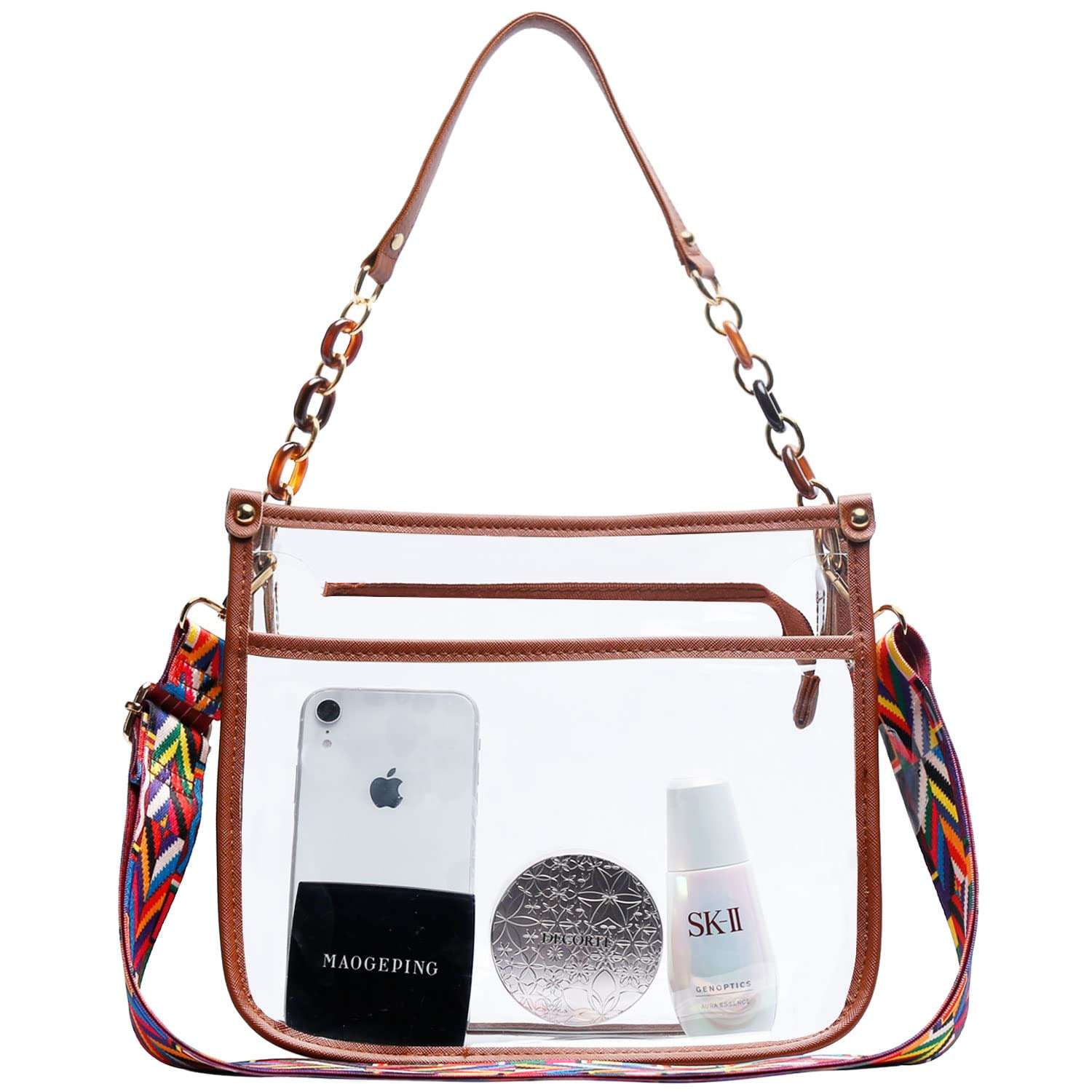 KKXIU Fashion Clear Crossbody Purse for Women and Teen Girls Stadium Approved PU Leather Concert Bag with Adjustable Strap (Black)