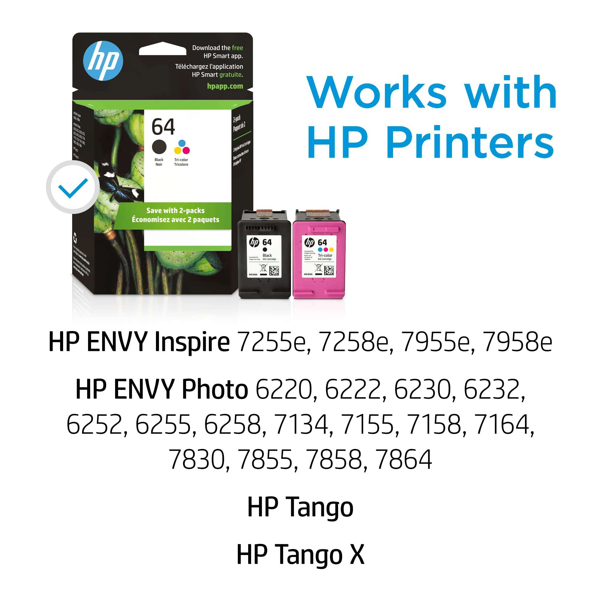 HP 64 Black & Tri-Color Ink Cartridges for HP Printers (Combo Pack) | Works with Printer Series: Inspire 7950e; ENVY Photo 6200, 7100, 7800; Tango | Eligible for Instant Ink | X4D92AN 2