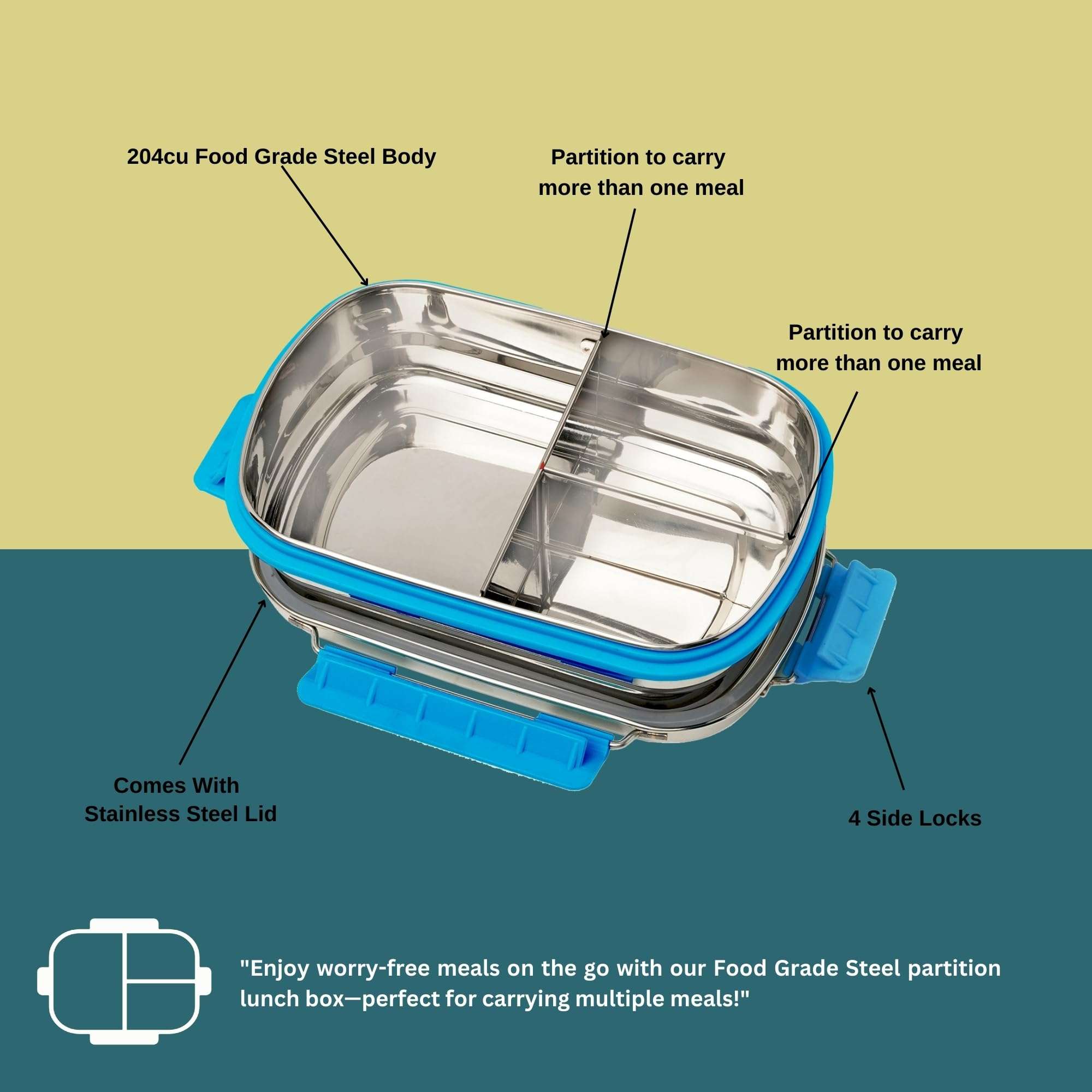 PDDFALCON Stainless Steel Munch Trio Lunch Box with 3 Compartment, 100% Leak-Proof, BIS Certified, Jindal Seal & Made in India Bento Box - 750ml (Turkish Blue) (Not Leakproof Internally) 5
